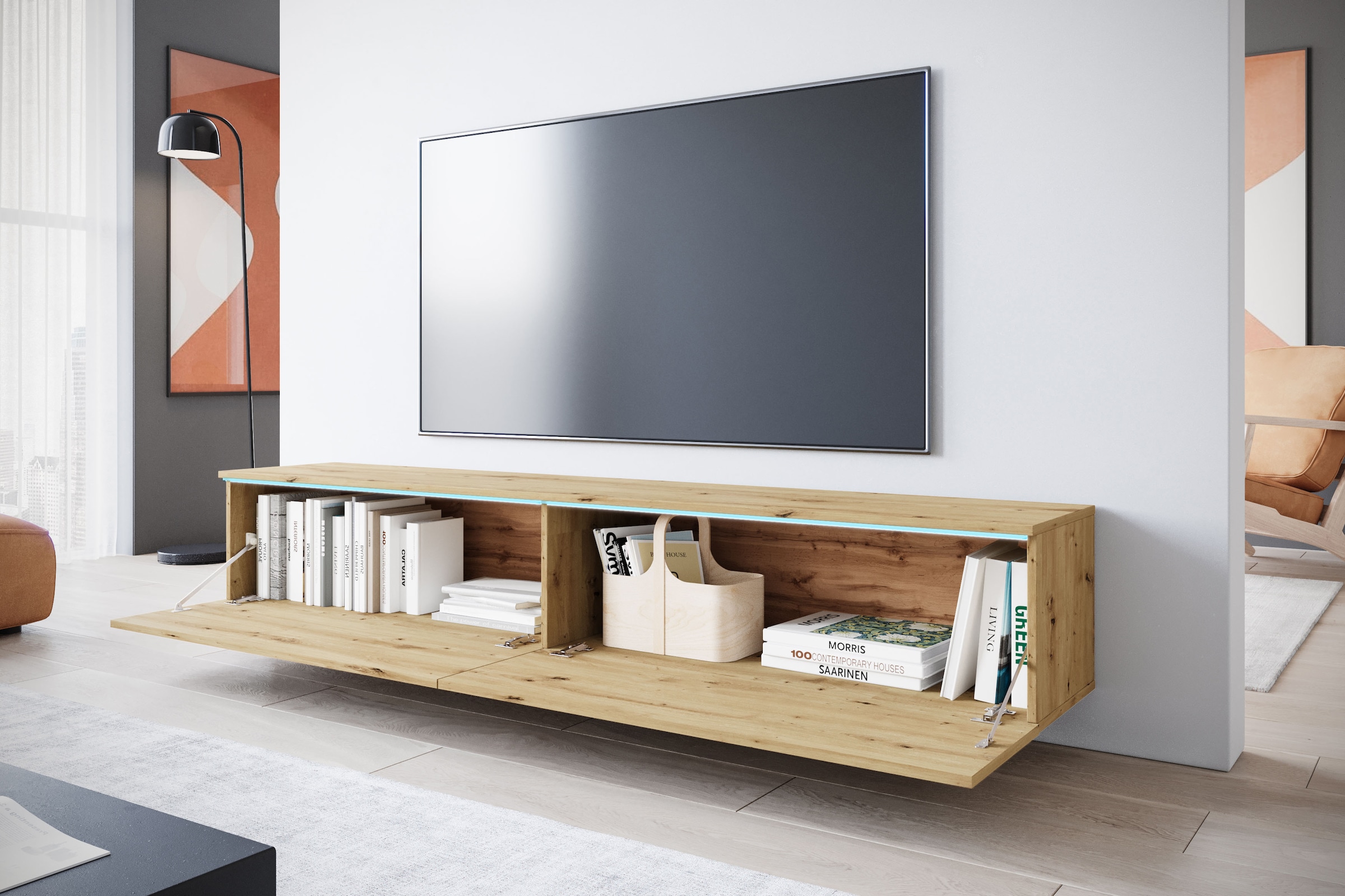 INOSIGN Lowboard »LOWBOARD VERA, wahlweise mit oder ohne Beleuchtung«, Modernes griffloses TV-Board, 180 cm TV-Schrank, stehend und hängend