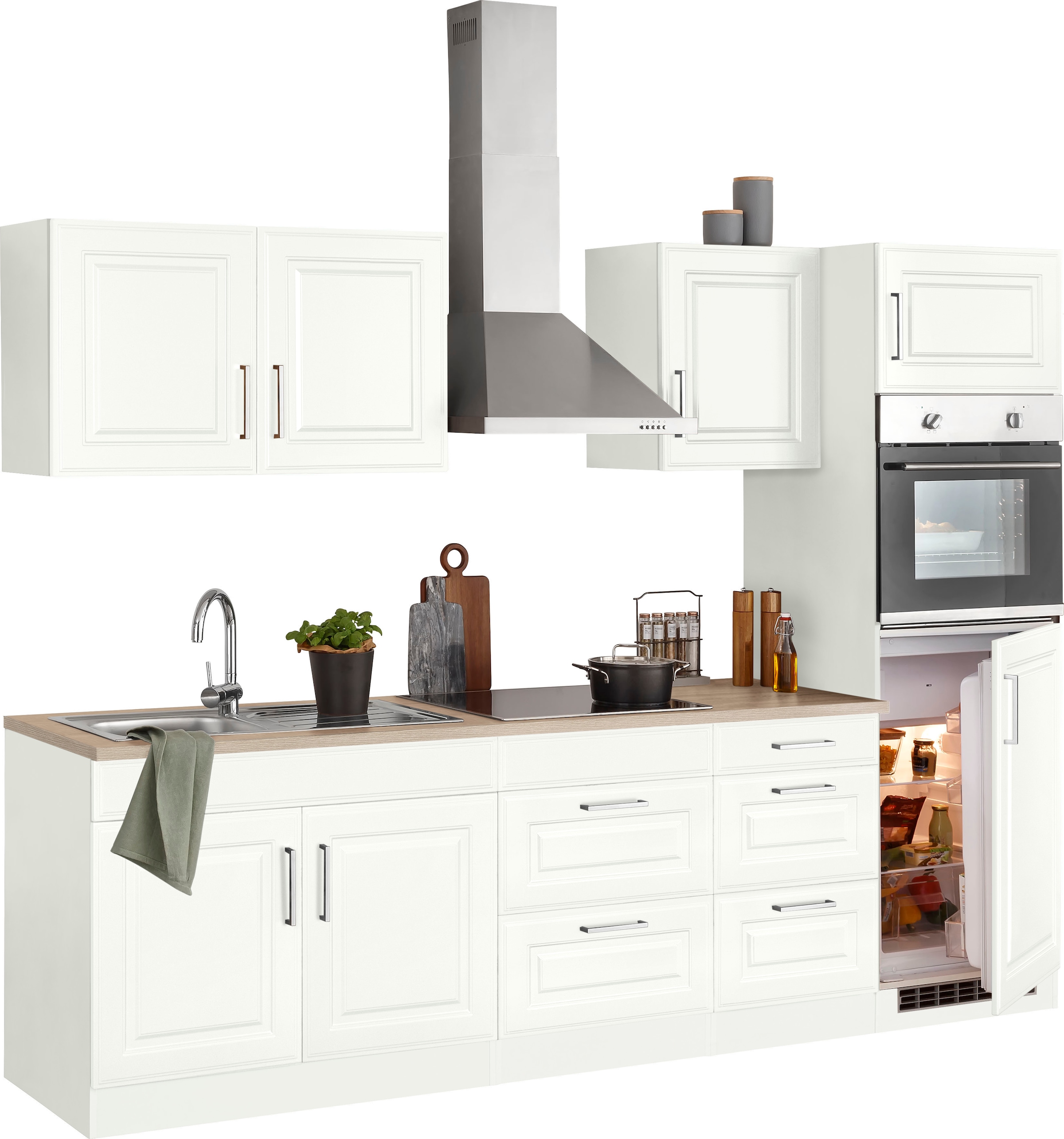 KOCHSTATION Küchenzeile »KS-Stockholm – Küche mit hochwertiger und detailreicher Landhausfront« Breite 270 cm, wahlweise mit E-Geräten,mit MDF-Fronten