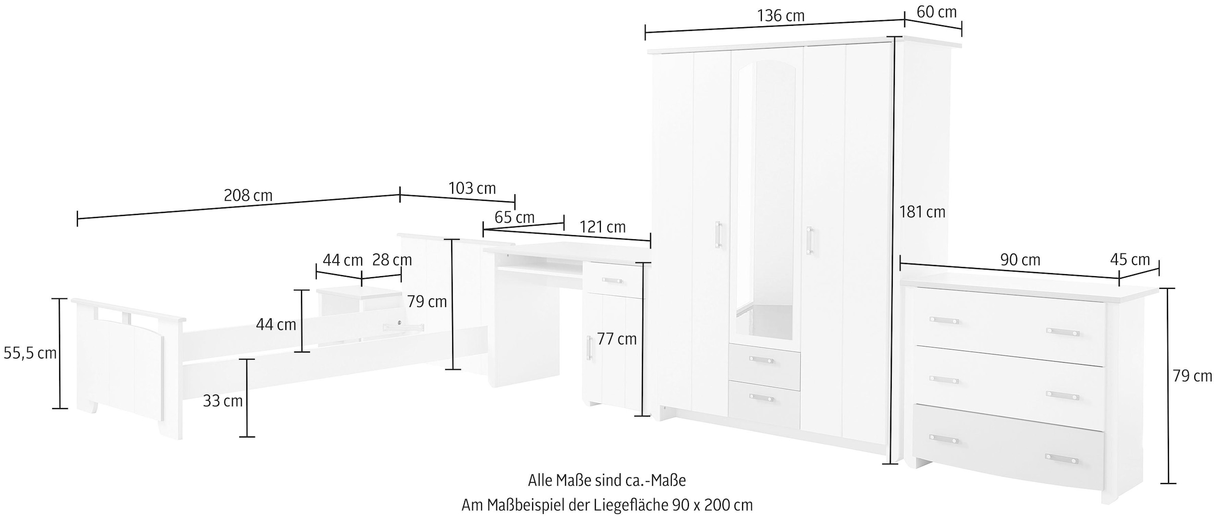 Parisot Jugendzimmer-Set »Biotiful«, (Set, 4 tlg., Bett, Nachttisch, Schrank, Kommode, Schreibtisch), mit 3-trg. Kleiderschrank