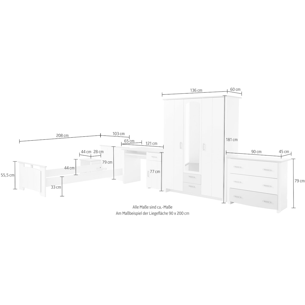 Parisot Jugendzimmer-Set »Biotiful«, (Set, 4 St., Bett, Nachttisch, Schrank, Kommode, Schreibtisch), mit 3-trg. Kleiderschrank