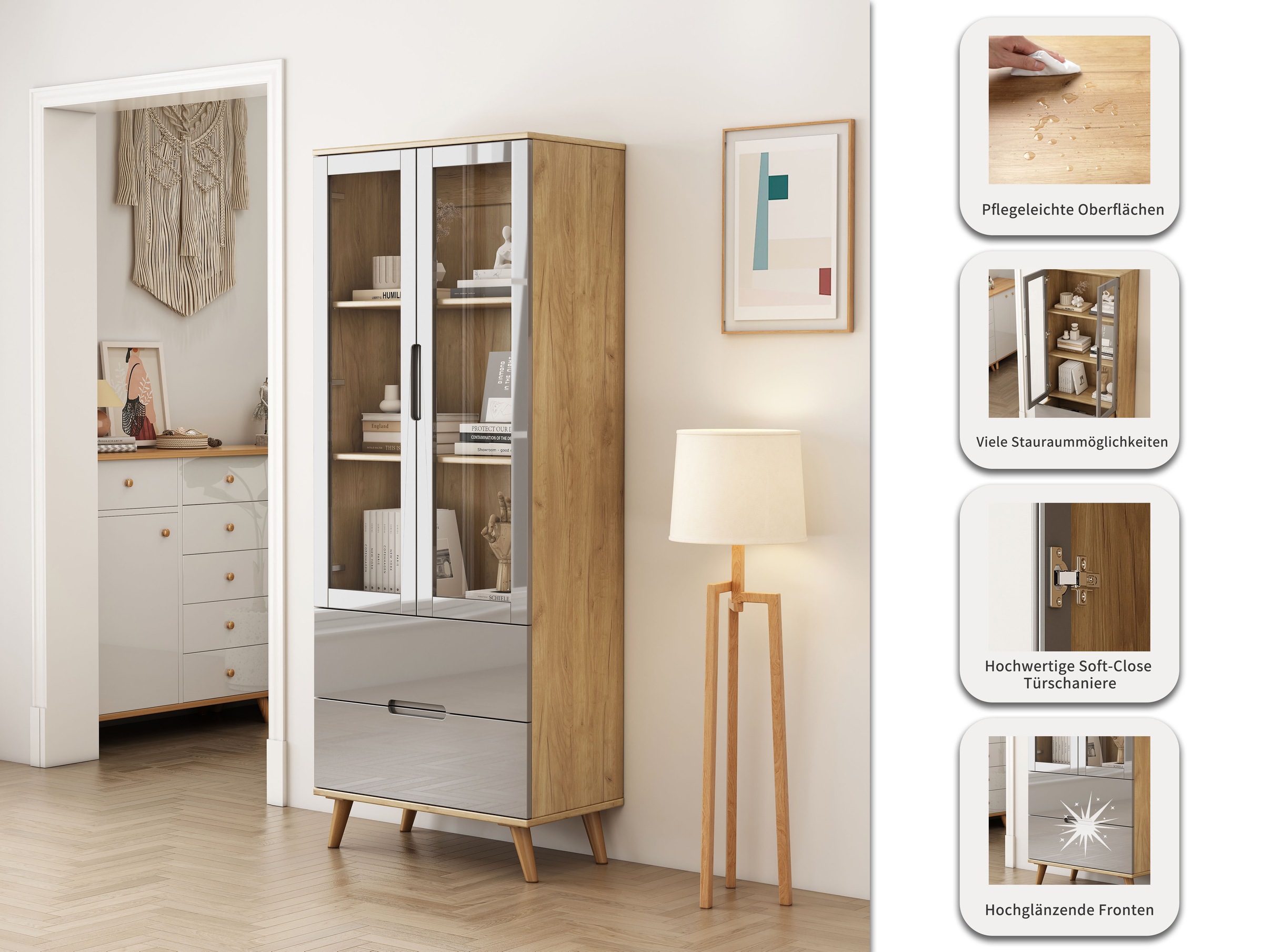 OTTO home Highboard »Lund« mit glänzenden Fronten, Glastüren, helles Holzdekor, Breite 70 cm