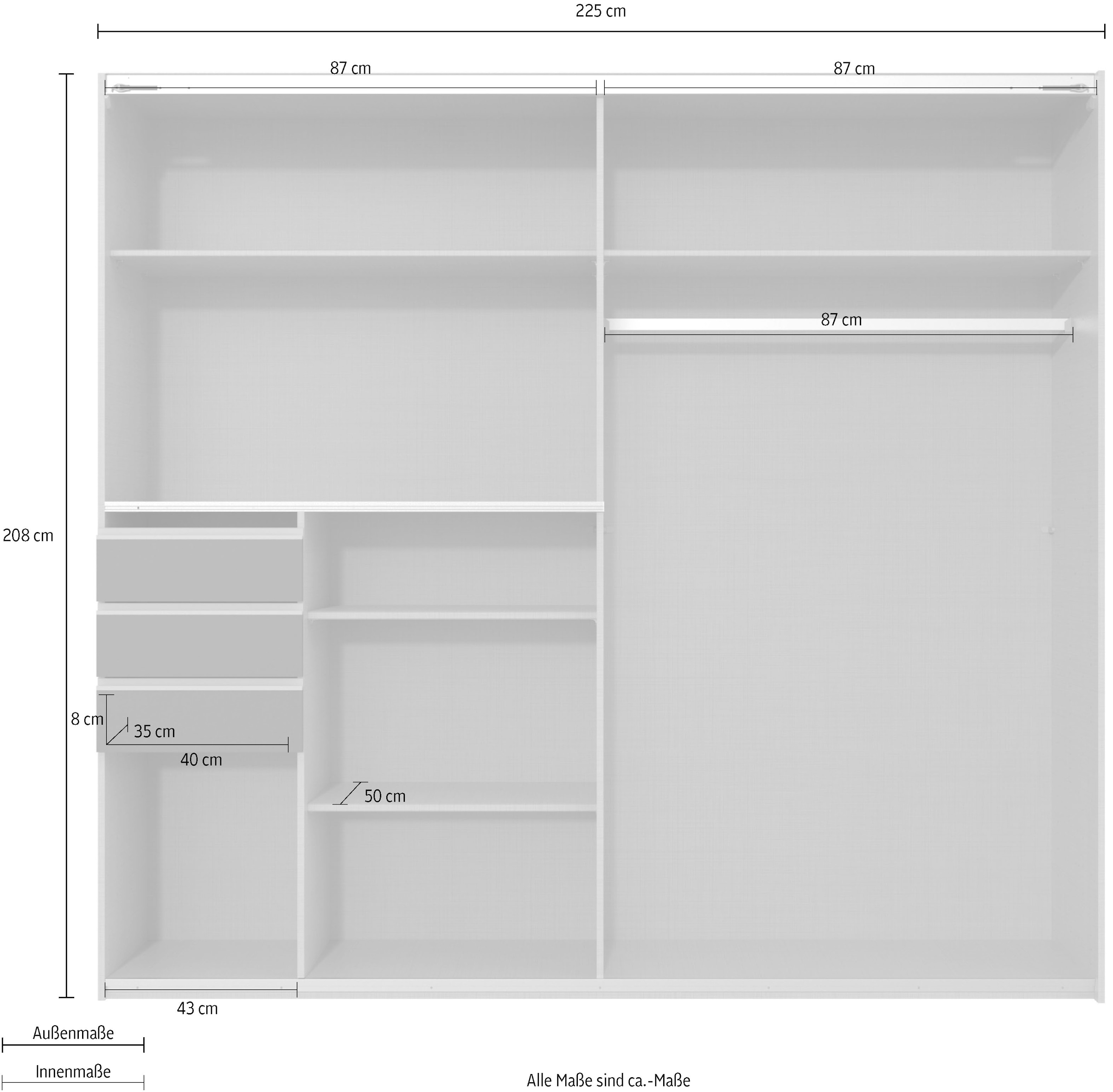 Wimex Schwebetürenschrank »Leonberg, Kleiderschrank mit 3 Schubladen«, mit graphitfb.Glasfront, 225cm breit, 208cm hoch