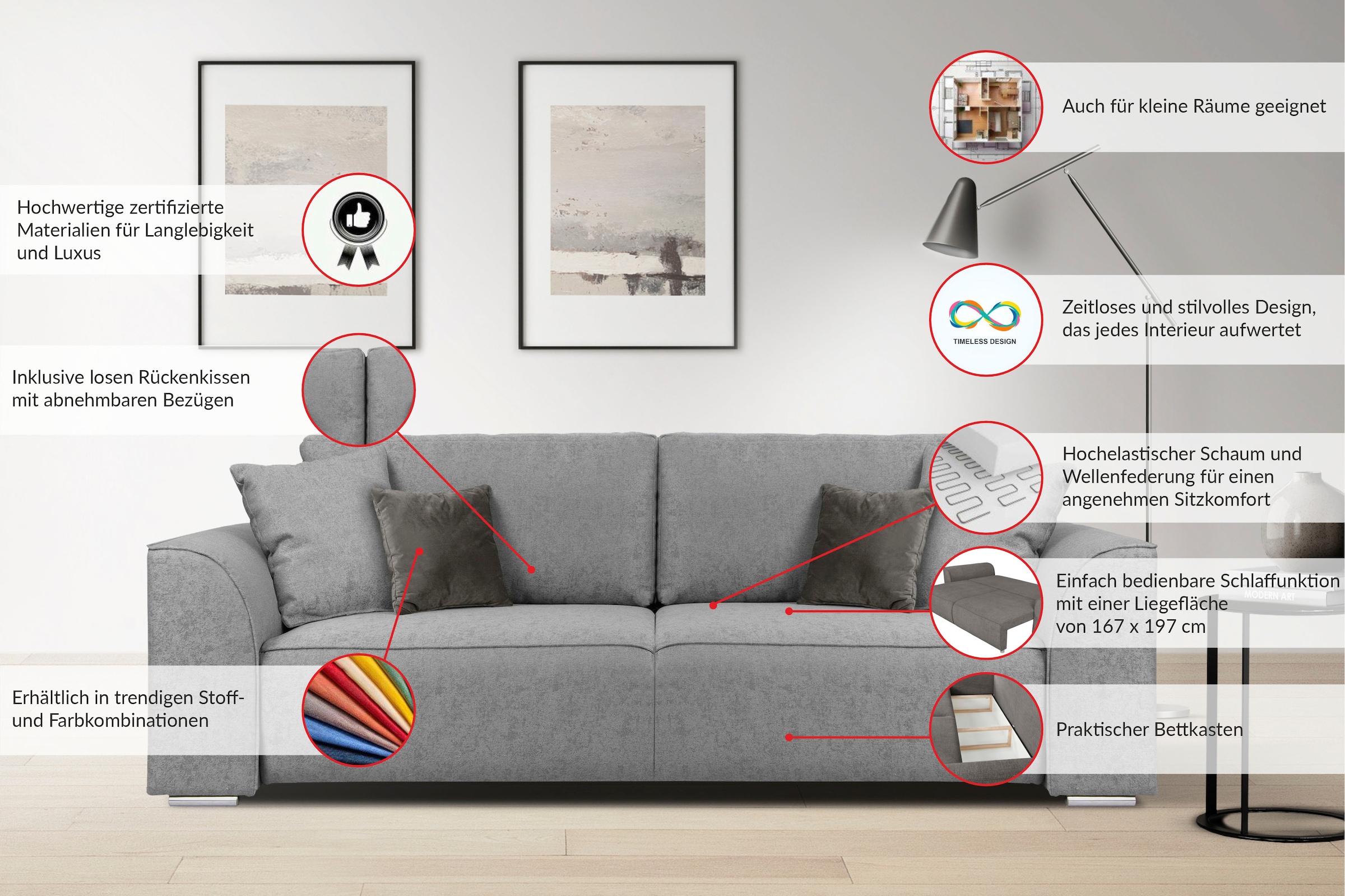 OTTO home »BEATRICE, B: 250 cm - wahlweise mit Bettfunktion« u. Bettkasten, incl. 2 Zierkissen