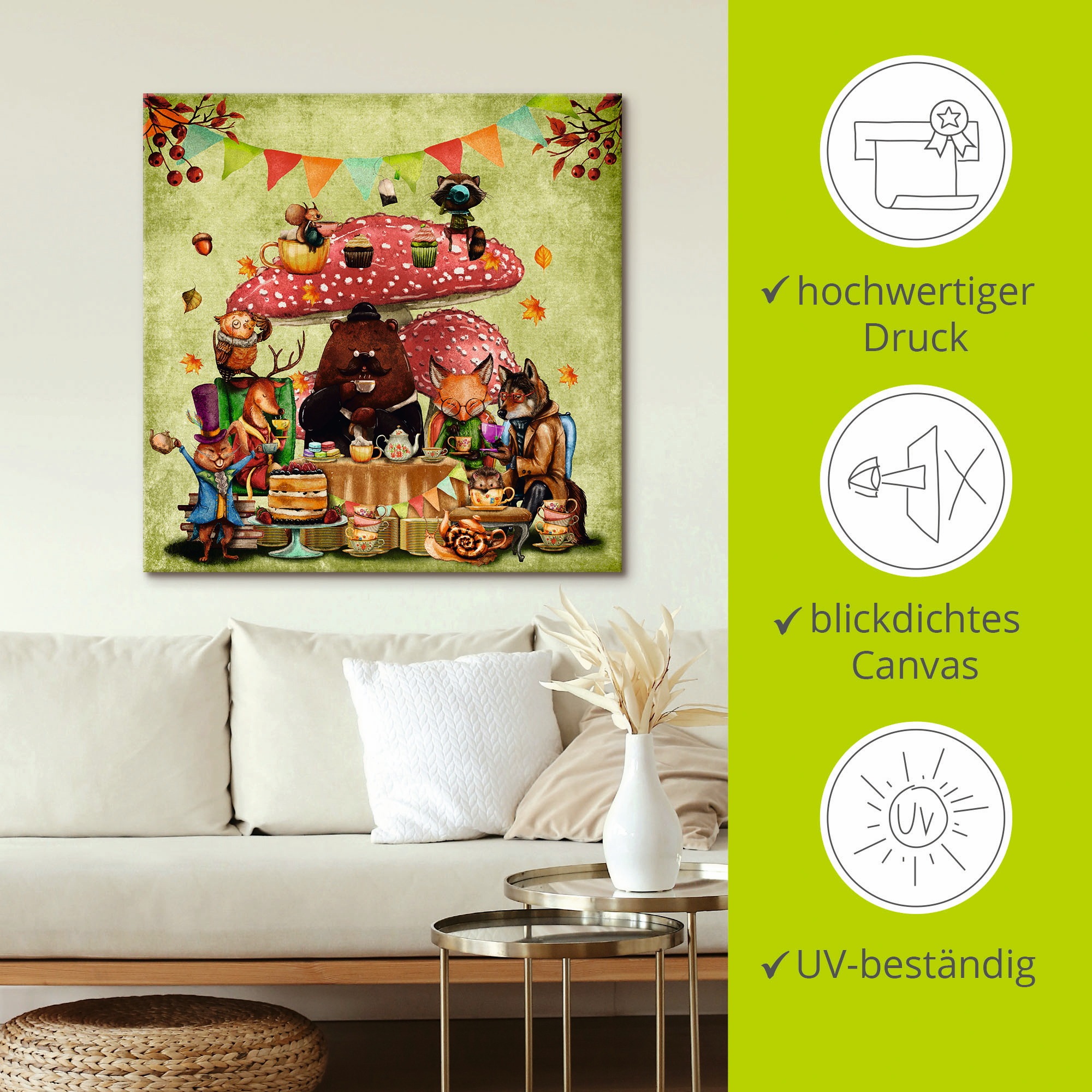 Artland Leinwandbild »Wald Freunde Fliegenpilz Teetrinken«, Animal Fantasy, (1 St.), auf Keilrahmen gespannt