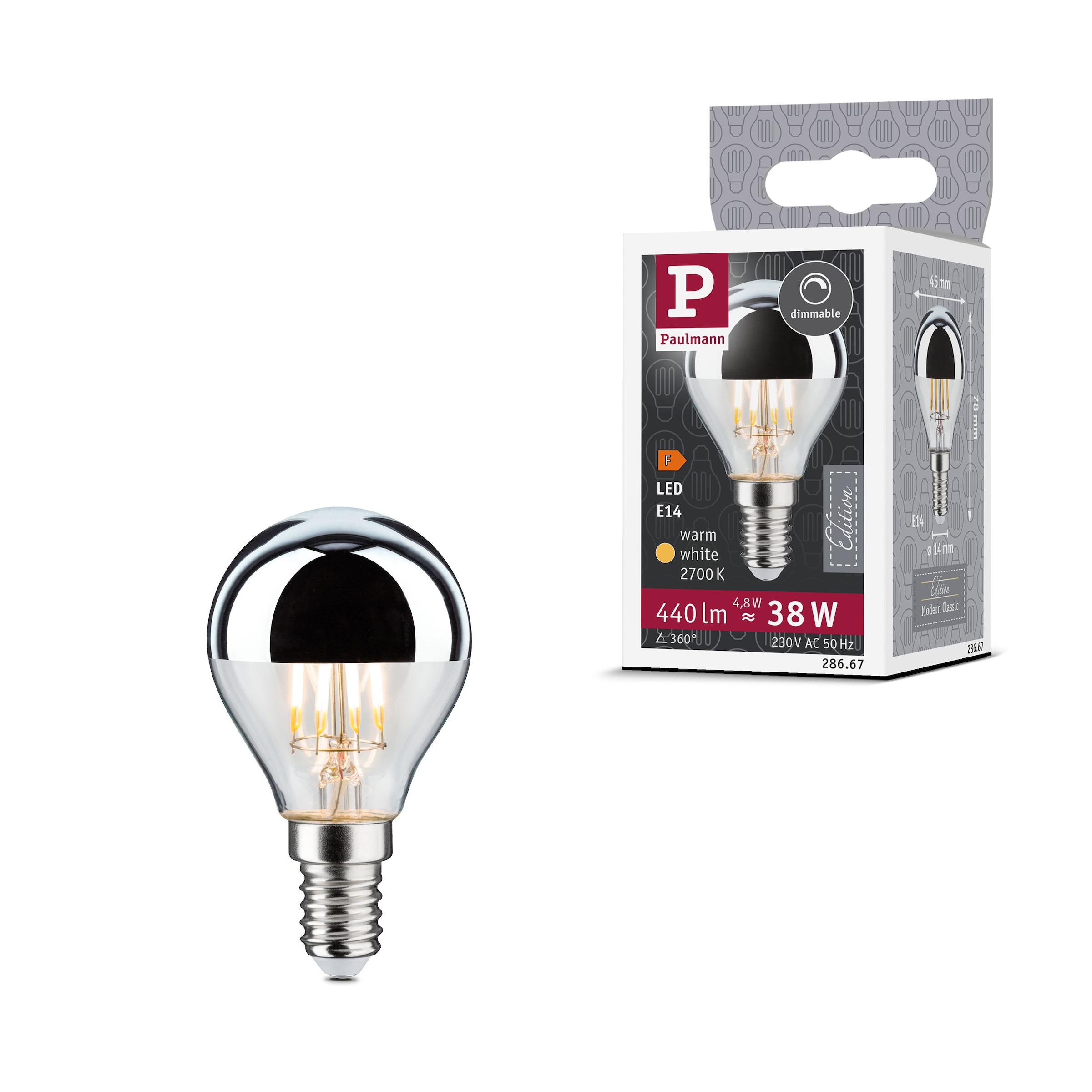 Paulmann LED-Leuchtmittel »Tropfen Kopfspiegel 440lm 2700K 4,8W silber dim 230V« E14 1 Stk. Warmweiß