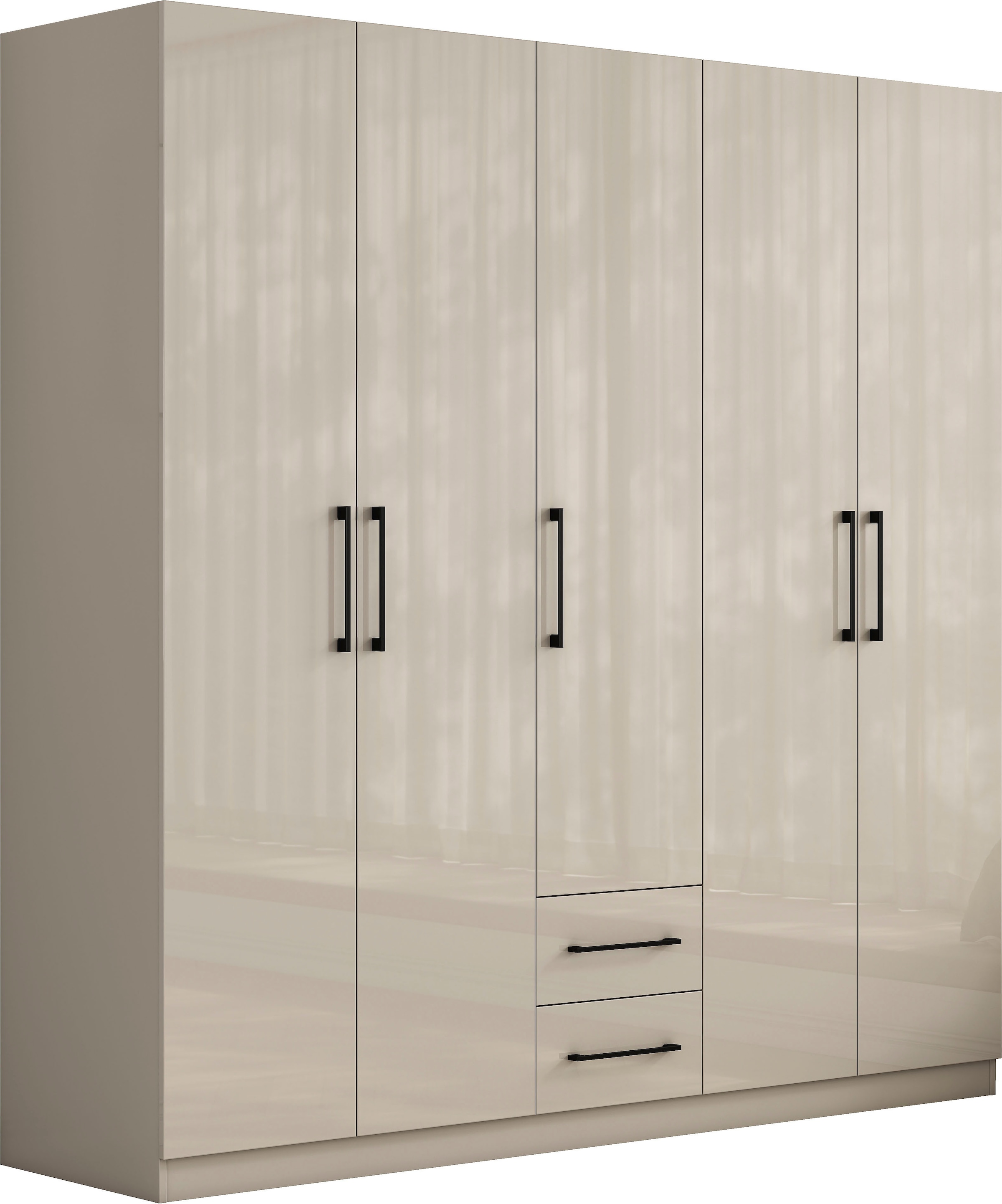 OTTO home Kleiderschrank »Sylt Schlafzimmerschrank Garderobe Schrank TOPSELLER in hochglanz weiß« 5 Türen, 2 Schubladen, schwarze moderne Griffe, 7 Einlegeböden,  Drehtürenschrank mit perfekter Innenausstattung, Breite 200cm