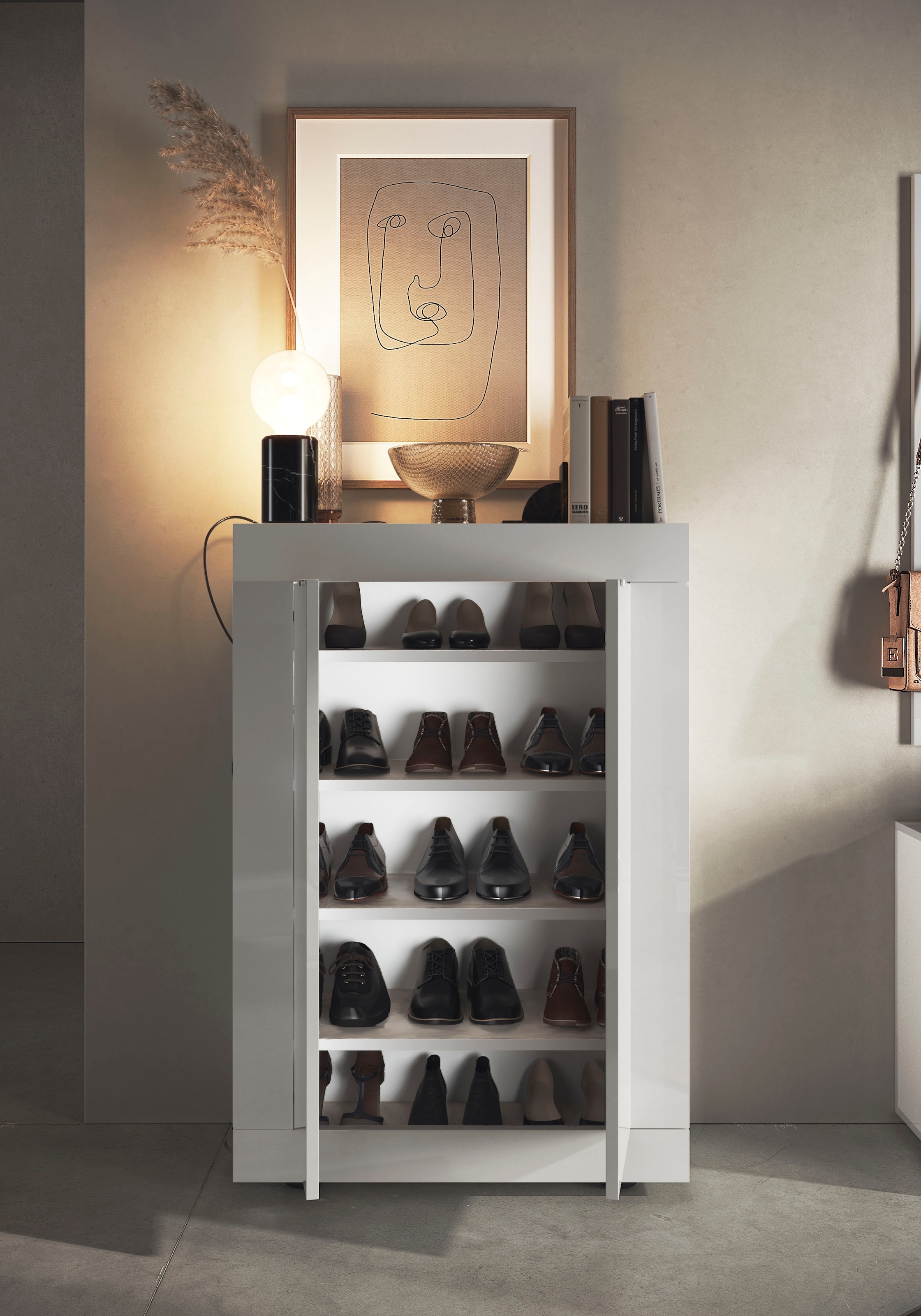 INOSIGN Schuhschrank »Basic Breite 78 cm, Höhe 116 cm, Schuhkommode,«, moderne Rahmenoptik, Metallgriffe, 4 Einlegeböden