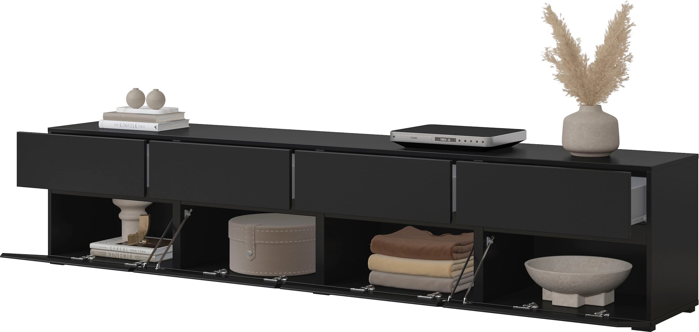 OTTO home Lowboard »Cross, moderne grifflose TV-Kommode,4 Klappen/4 Schubkästen« Breite 225 cm, TV-Schrank mit viel Stauraum, TV-Board