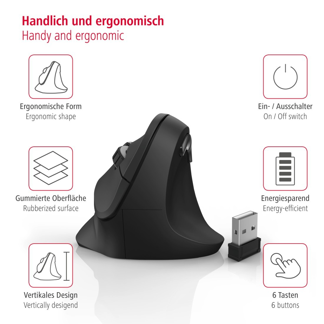 Hama ergonomische Maus »Ergonomische vertikale Funkmaus für PC Laptop, ohne Kabel, Schwarz«, USB-Funk, Vorbeugung Tennisarm/Mausarm