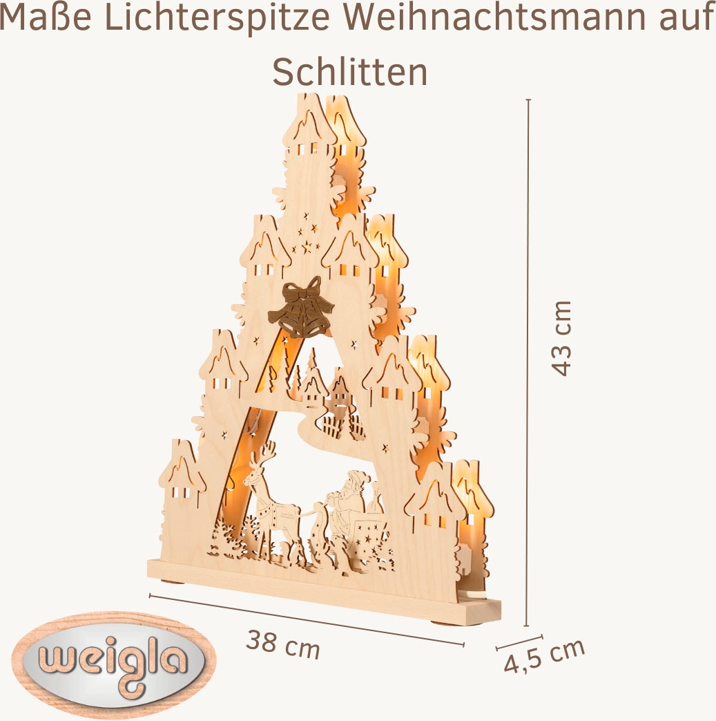 Weigla LED Schwibbogen »Weihnachtsmann auf Schlitten, Lichterspitze aus Holz, Made in Germany« 1 Stk. Erzgebirge garantiert, Weihnachtsdeko Innen, Weihnachtsbeleuchtung