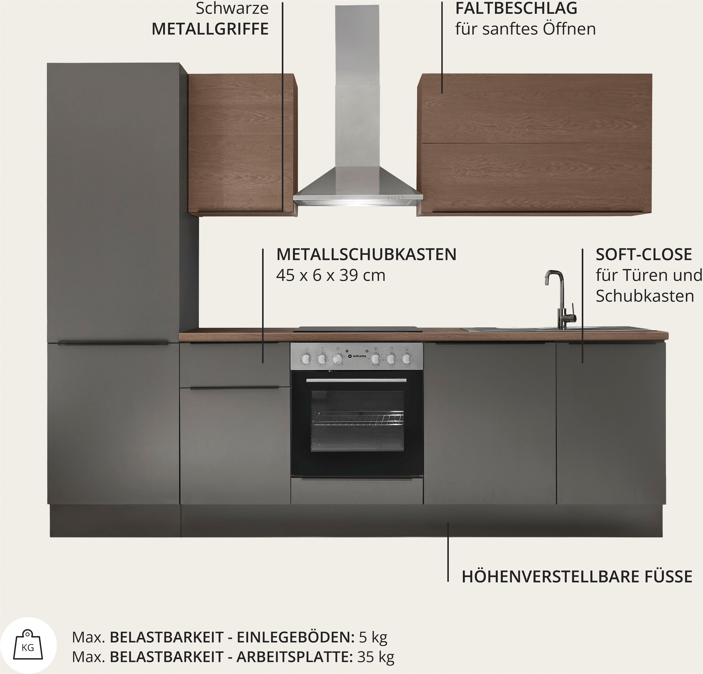 KOCHSTATION Küchenzeile »Cocco« Breite 280 cm, wahlweise mit E-Geräten und Induktion