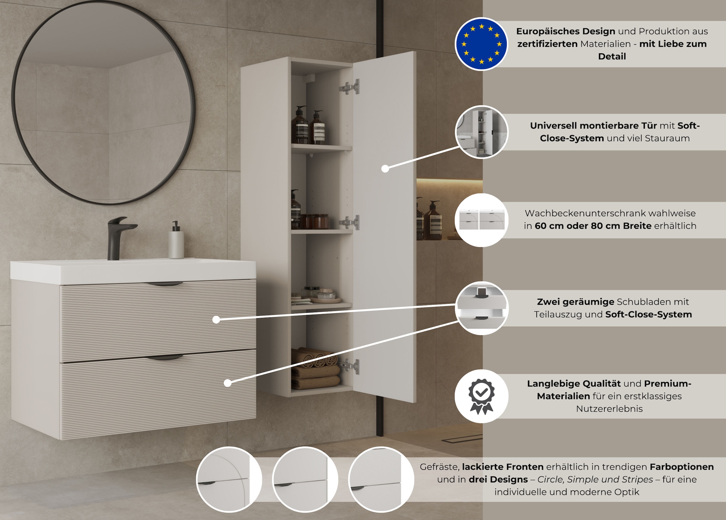 welltime Hängeschrank »FLOW STRIPE rechts/links montierbar, Breite 35 cm, modernes Design« Schrank mit 3 Einlegeböden, Push-to-open-Function