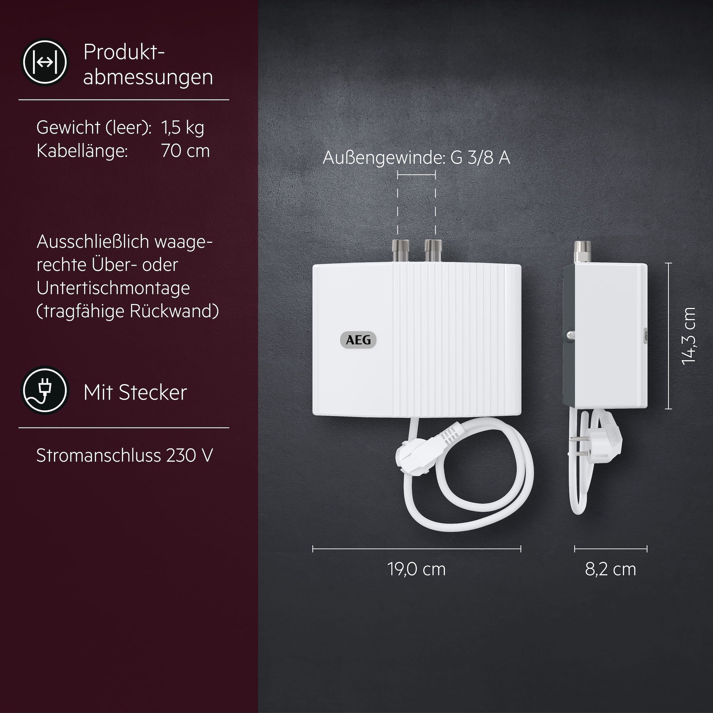 AEG Haustechnik Klein-Durchlauferhitzer »MTE 350 f. Handwaschbecken, 3,5 kW, m. Stecker« 230V, elektronisch, druckfest + drucklos