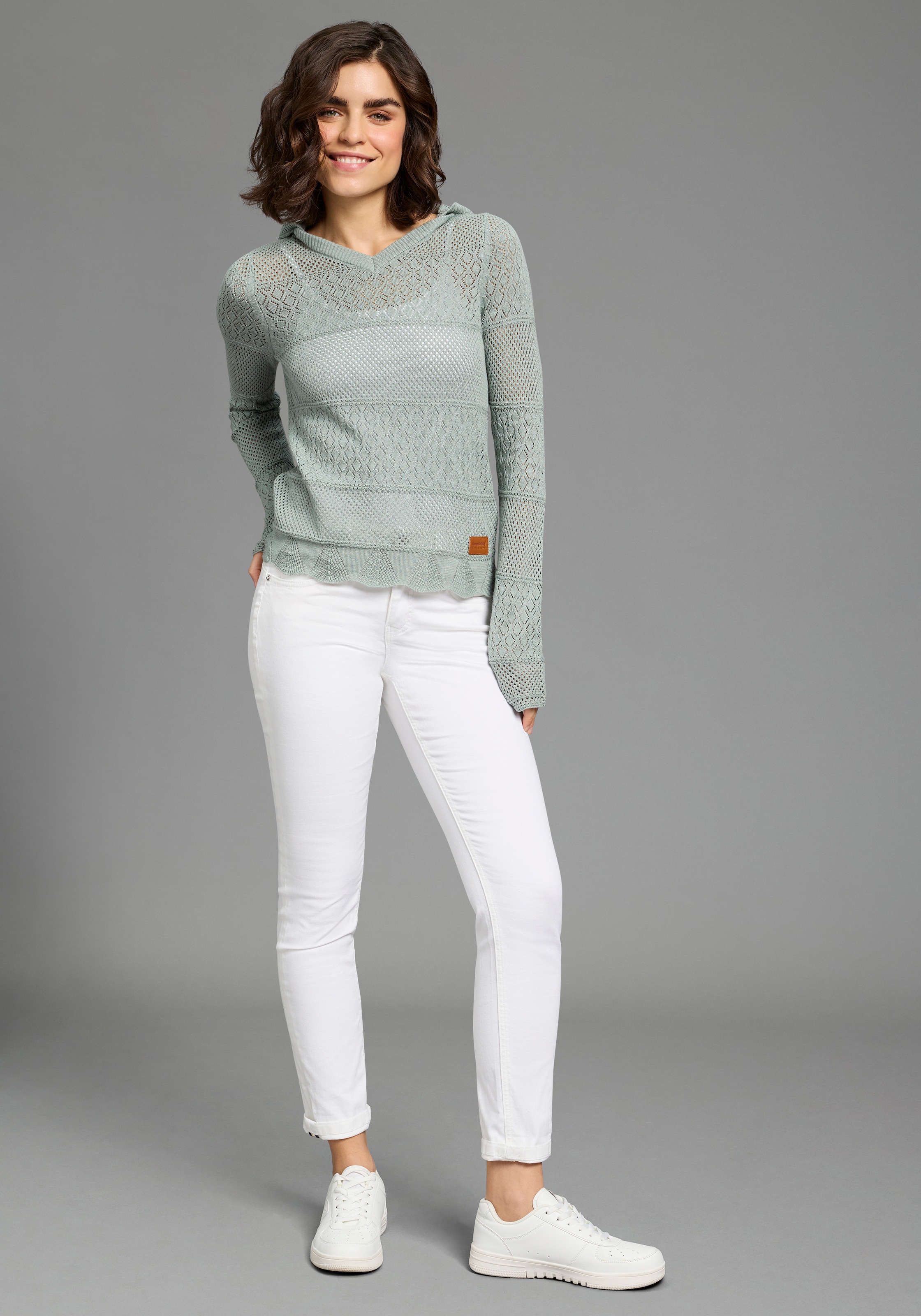 KangaROOS Ajourpullover aus Baumwolle, mit V-Ausschnitt, bequeme Passform, Langarm