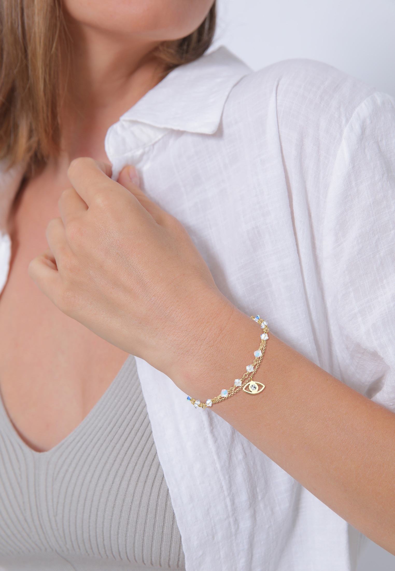 Elli Armkette »Armband Evil Eye Weiß 925 Silber vergoldet, mit Kristallen von Swarovski®«