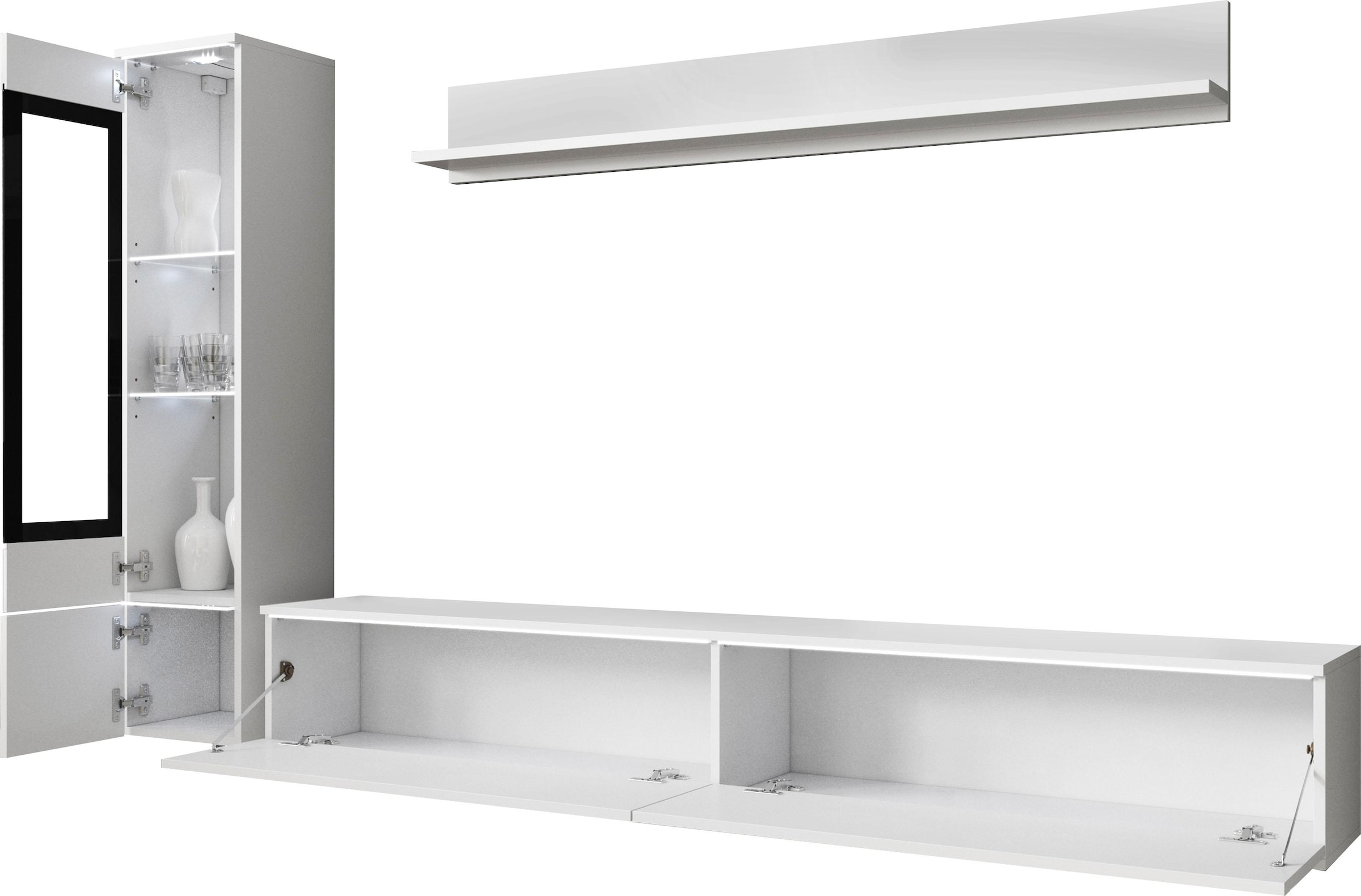 INOSIGN Wohnwand »VERA I«, (Komplett-Set, 3 St.), Mediawand 230 cm, Vitrine mit Verglasung, stehend und hängend