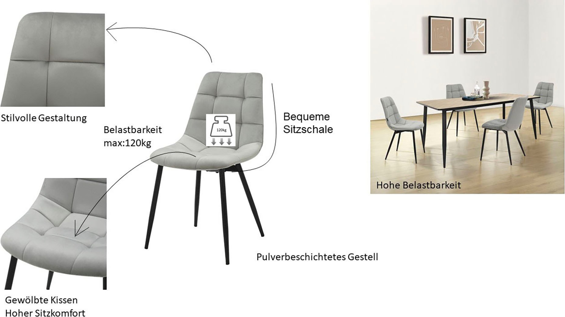 INOSIGN Esszimmerstuhl »Arhus, TOPSELLER!«, (Set), 4 St., Samtvelours, Küchenstuhl mit weichem Samtvelours Bezug, pflegeleichtes Material