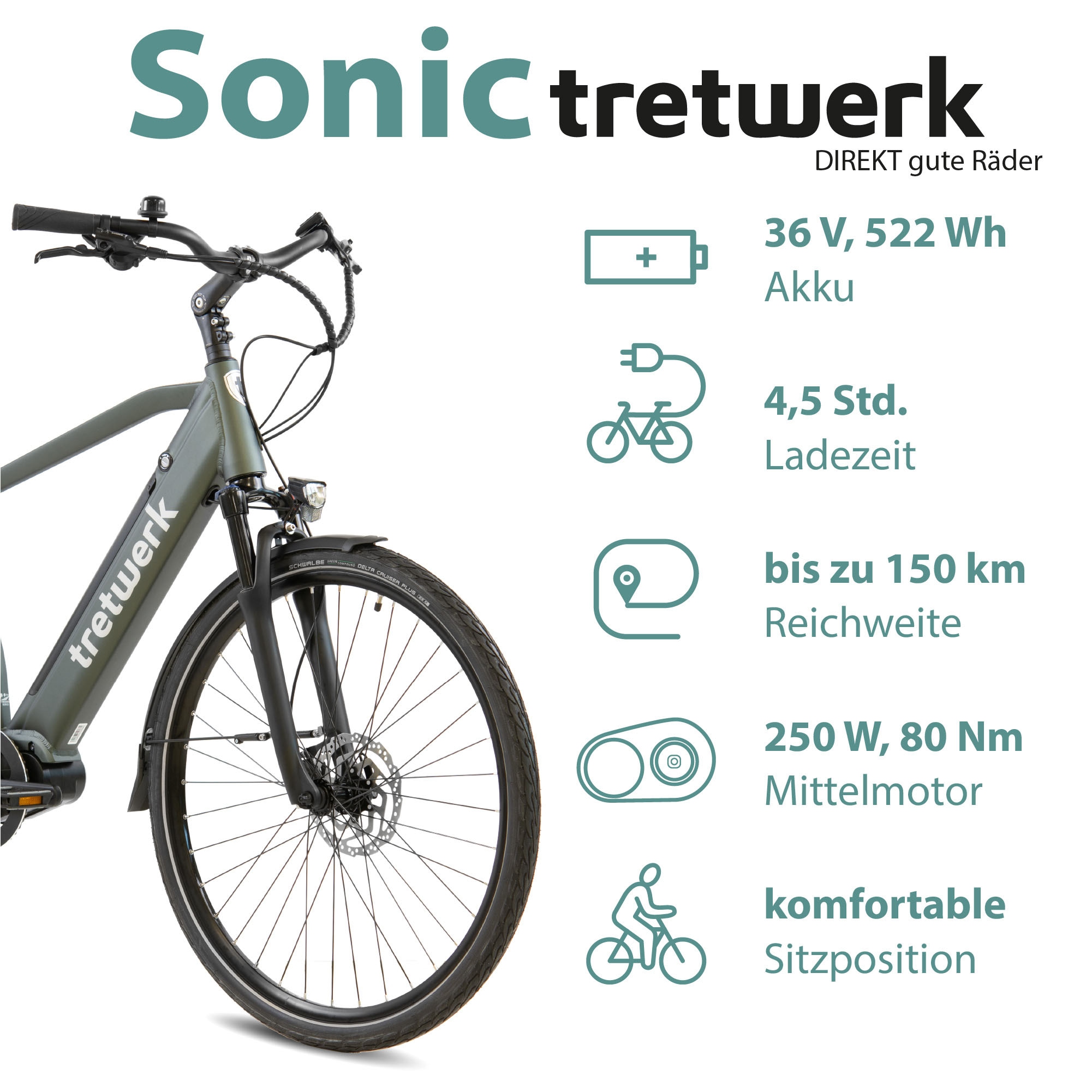 Tretwerk »Sonic« 8 Gang Shimano Acera M3020 SGS Schaltwerk Kettenschaltung Mittelmotor 250 W Pedelec, Elektrofahrrad für Damen u. Herren