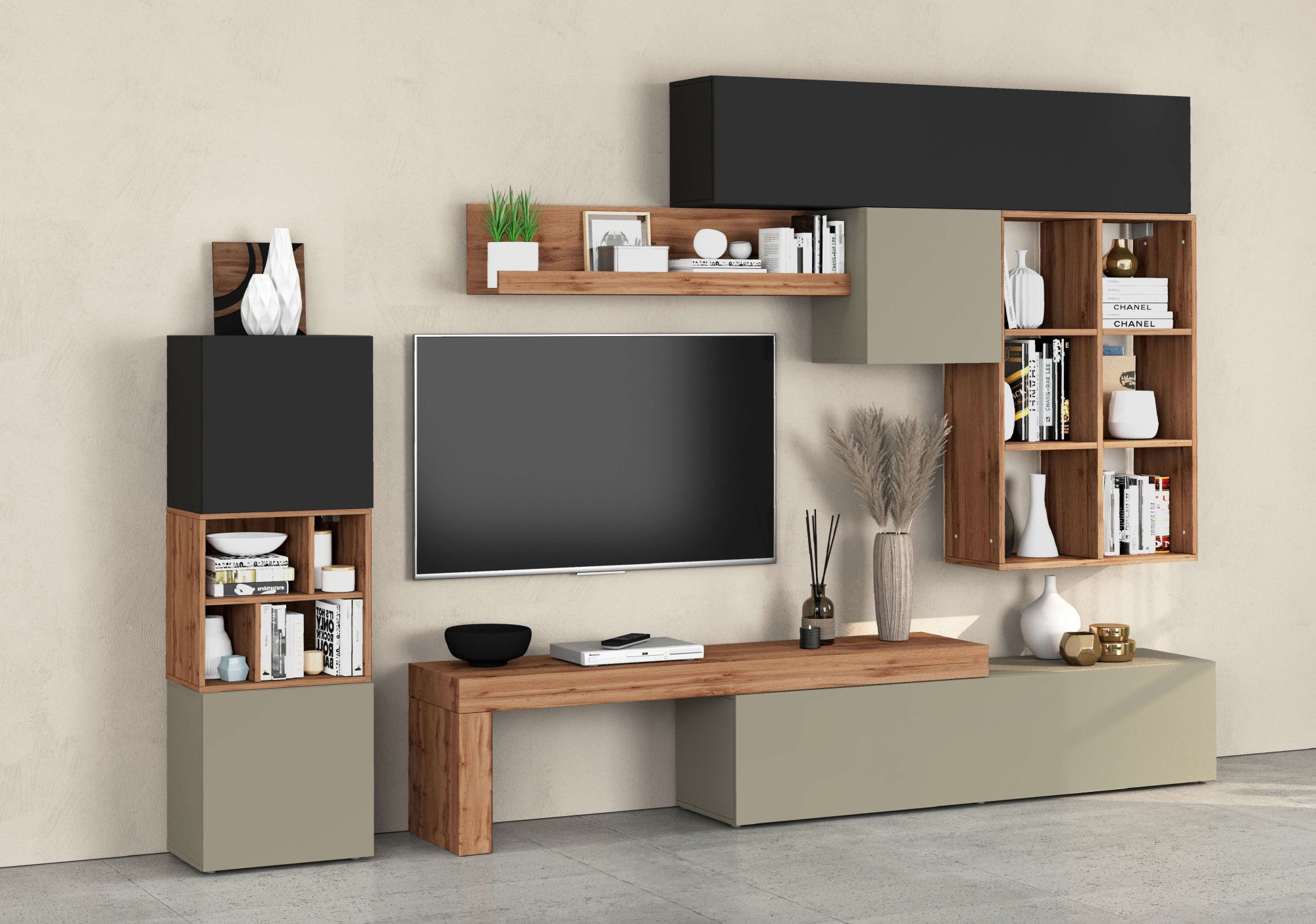 INOSIGN Wohnwand »Chronos Wohnwand, Medienwand, 8-er set«, (Set, 8 St.), ca. 320 cm mit Hängeschränke, Würfel, Regal, Lowboard, Made in Italy