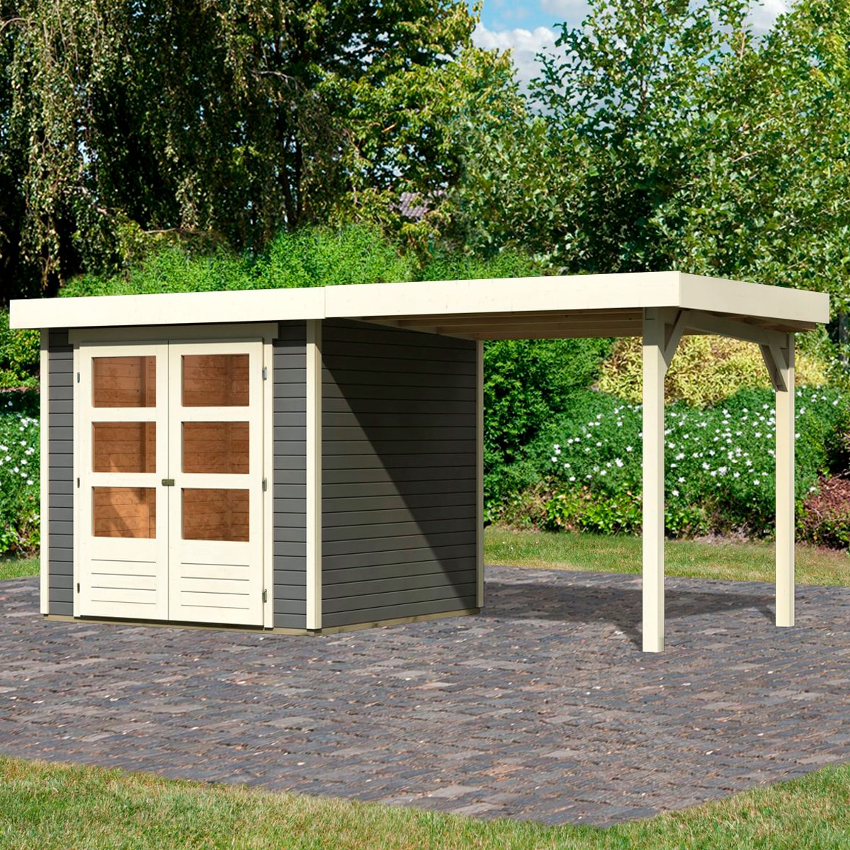 Karibu Gartenhaus »Arnis« mit Anbaudach 2,40 m Breite, Made in Germany