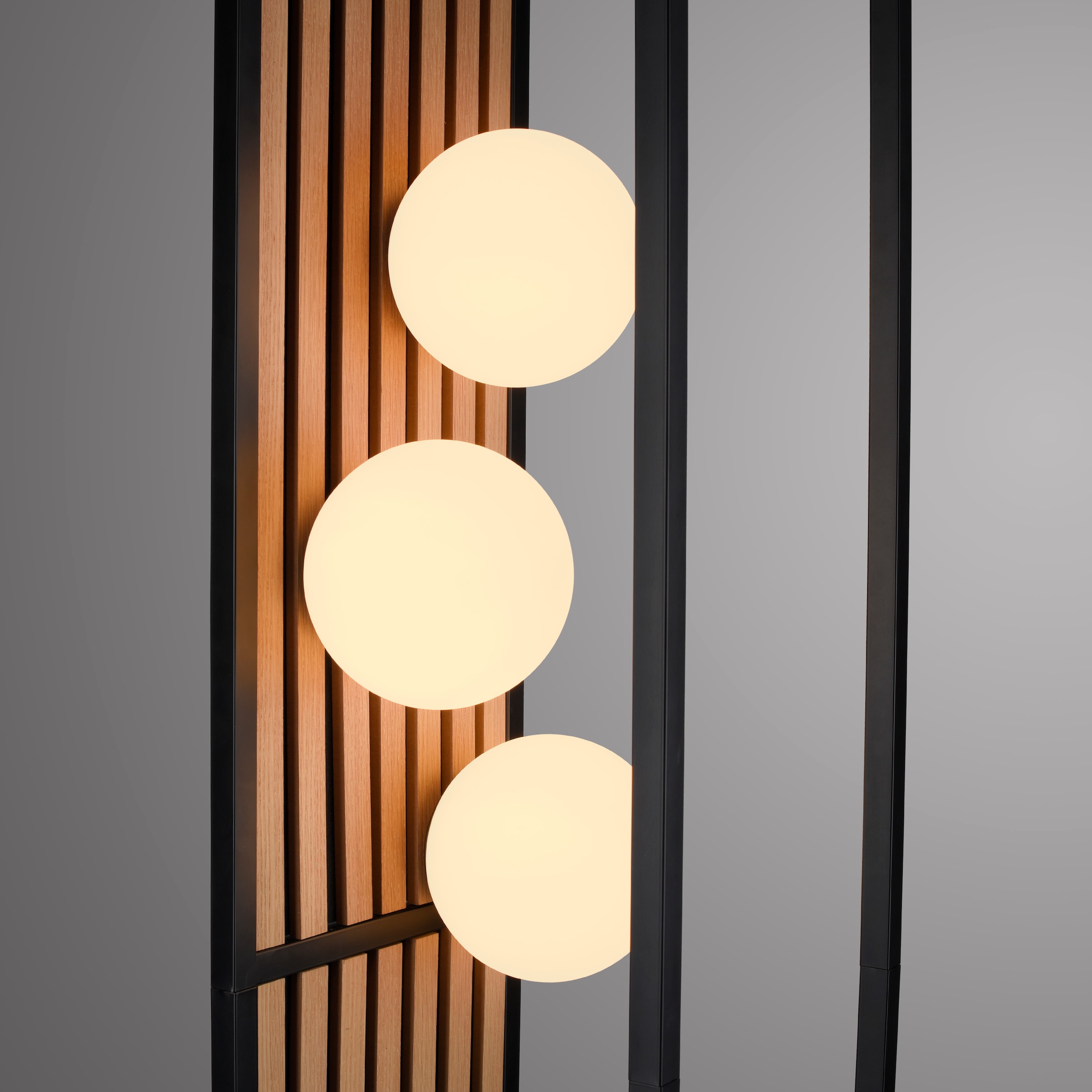 my home Stehlampe »Erinette Akustikpaneele mit Glaskugeln« E14 Warmweiß Holz, Akustik, Paneele, Glas, opal matt weiß, Stehleuchte, Fußschalter