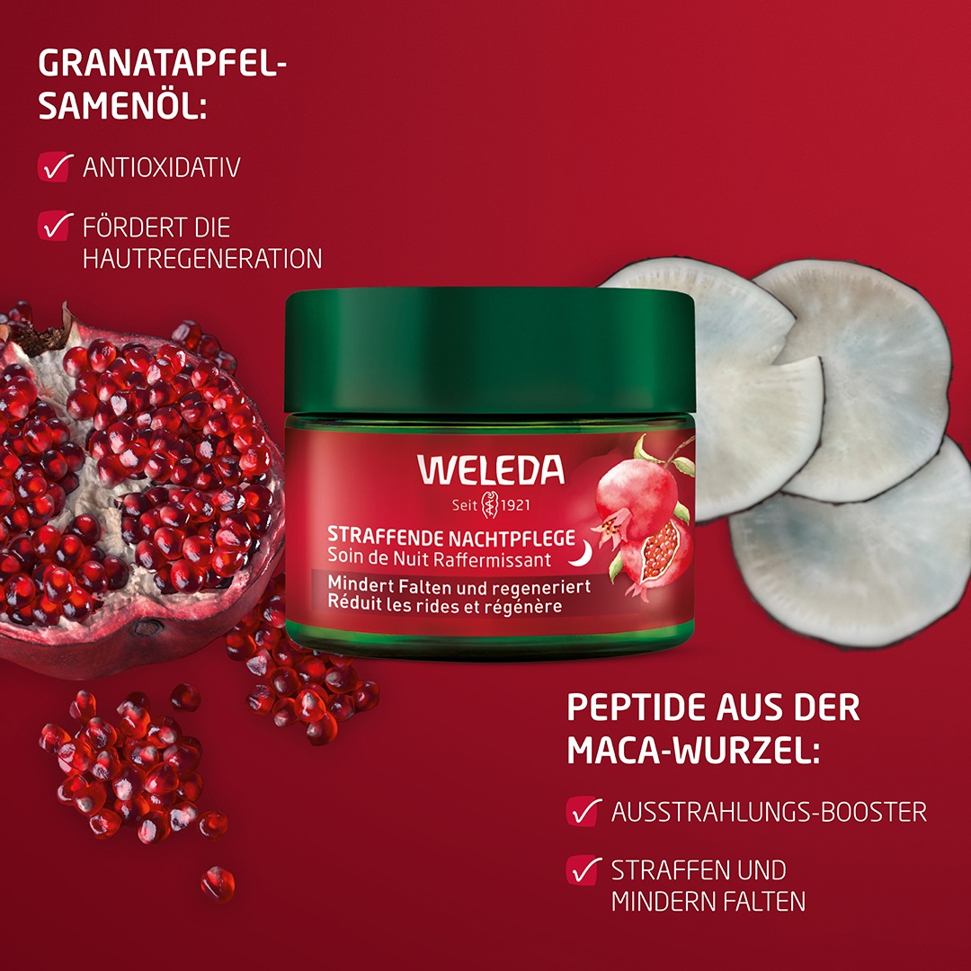 WELEDA Gesichtspflege »Weleda Straffende Nachtpflege Granatapfel & Maca-Peptide« mindert Falten und strafft, regeneriert die Haut über Nacht