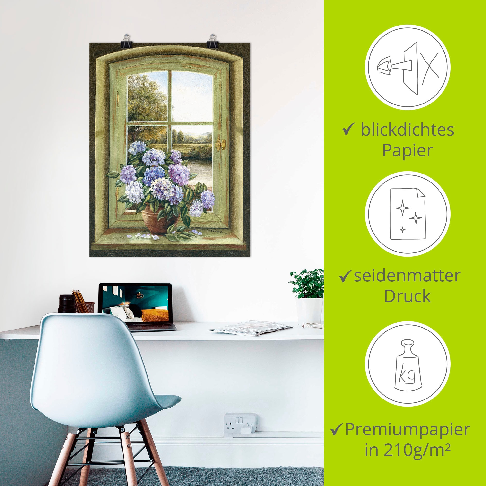 Artland Wandbild »Hortensien am Fenster«, Arrangements, (1 St.), als Alubild, Outdoorbild, Leinwandbild, Poster, Wandaufkleber