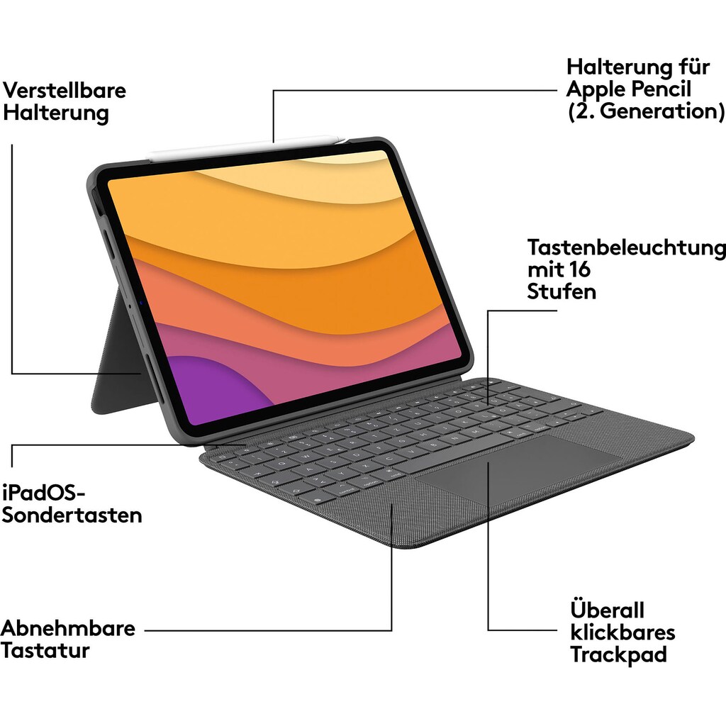 Logitech iPad-Tastatur »Combo Touch iPad Air (4. Gen - 2020) Keyboard Case«, (ausklappbare Füße-Multimedia-Tasten)