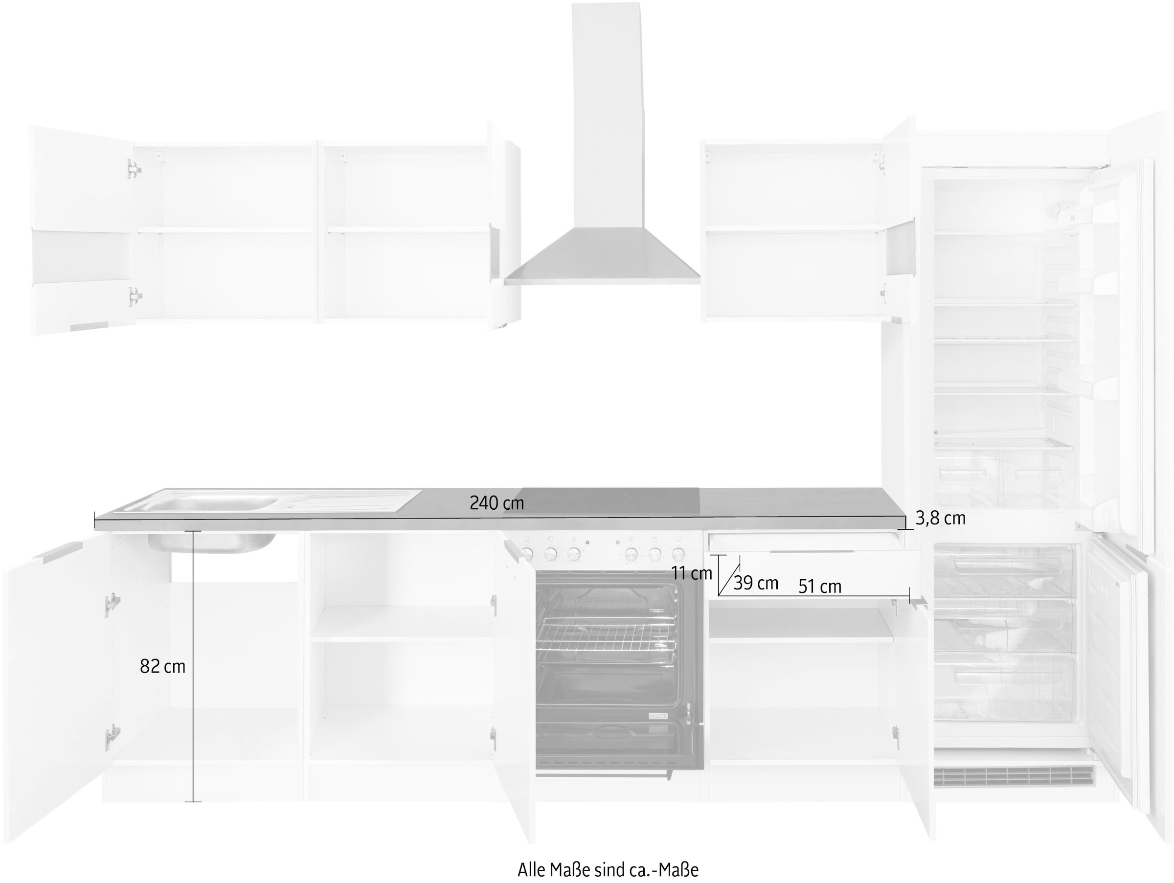 KOCHSTATION Küchenzeile »KS-Luhe« 300 cm breit, wahlweise mit oder ohne E-Geräten, gefräste MDF-Fronten