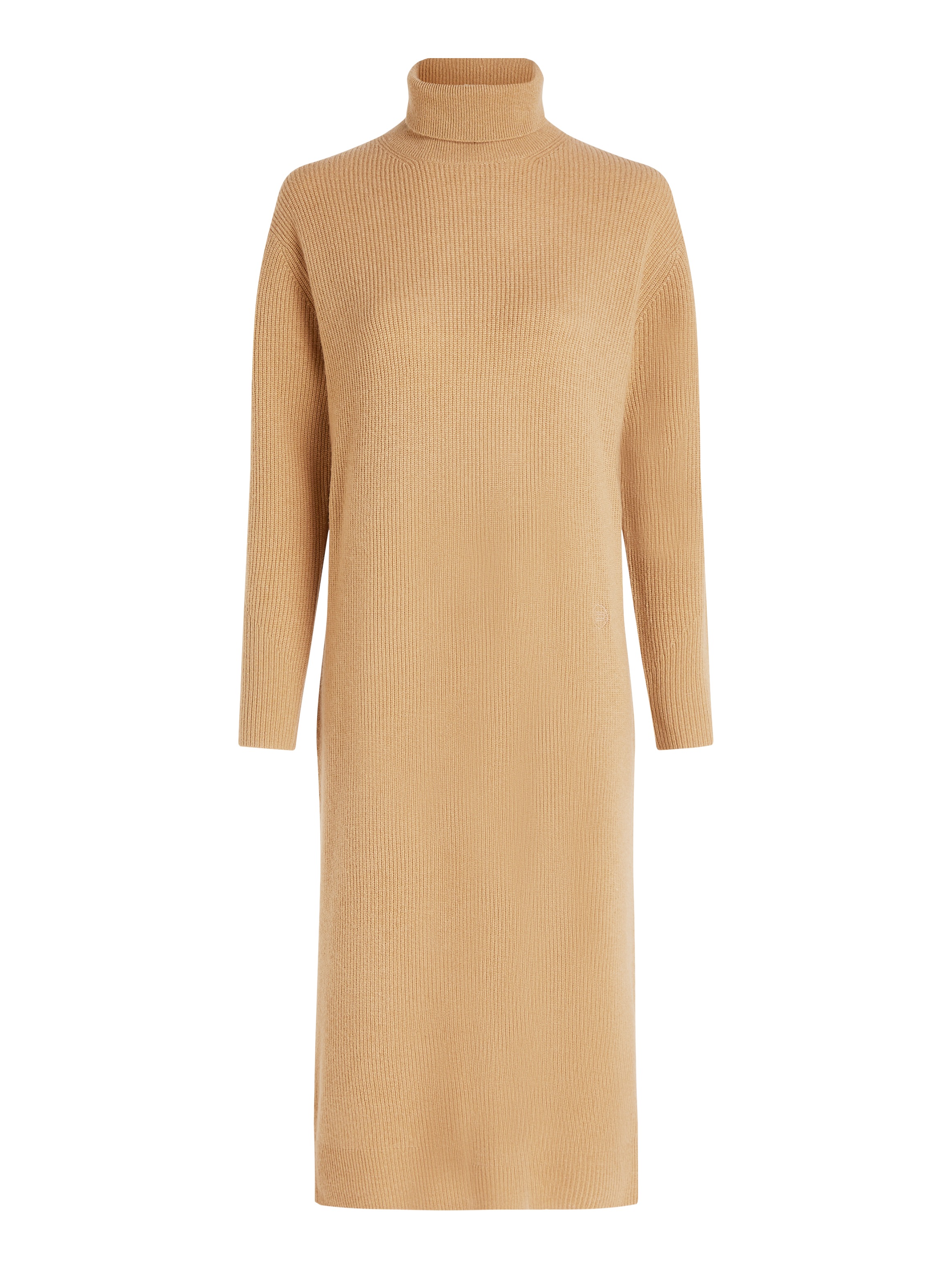Tommy Hilfiger Strickkleid »WOOL CASH ROLL-NK LONG DRESS«, mit Logostickerei, in Rippoptik