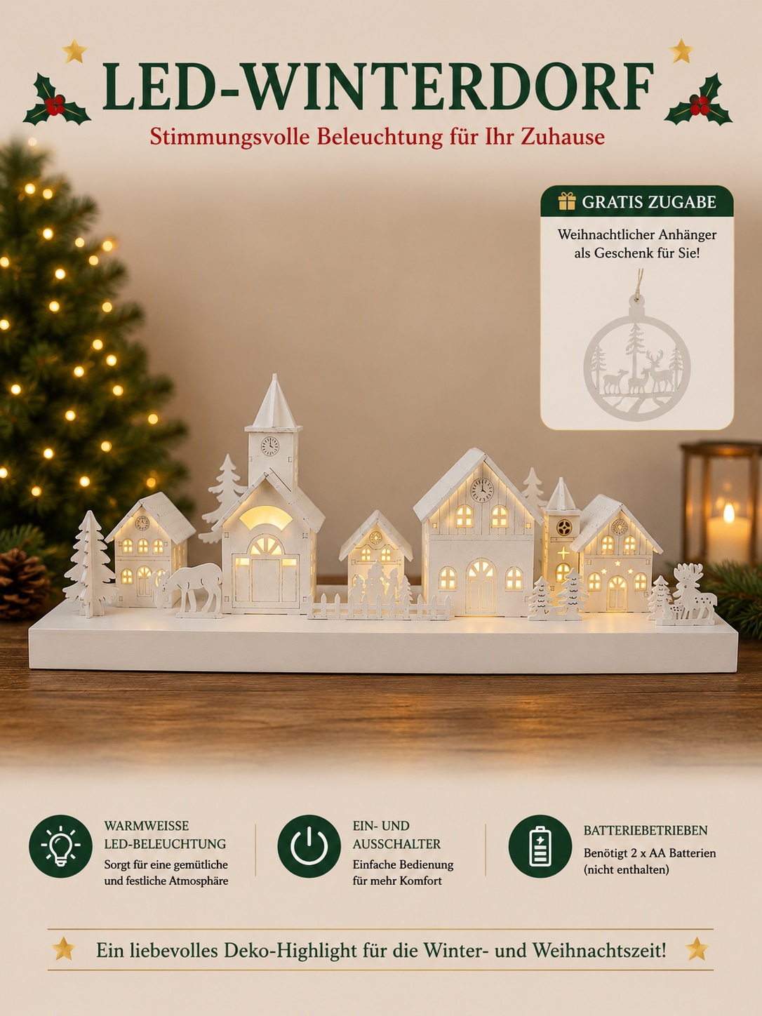 OTTO home Weihnachtsdorf »mit LED-Beleuchtung« weißes Dorf, extra Anhänger, Höhe 17 cm