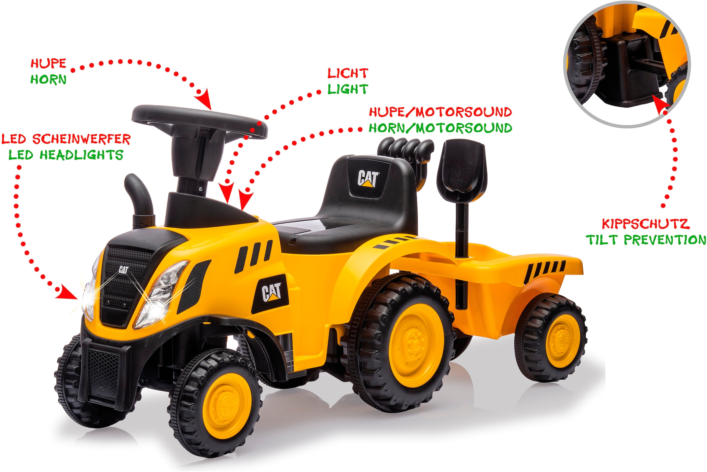 Jamara Rutscher »Caterpillar Traktor mit Anhänger 2in1, gelb« mit Licht- und Soundeffekten sowie Hupe