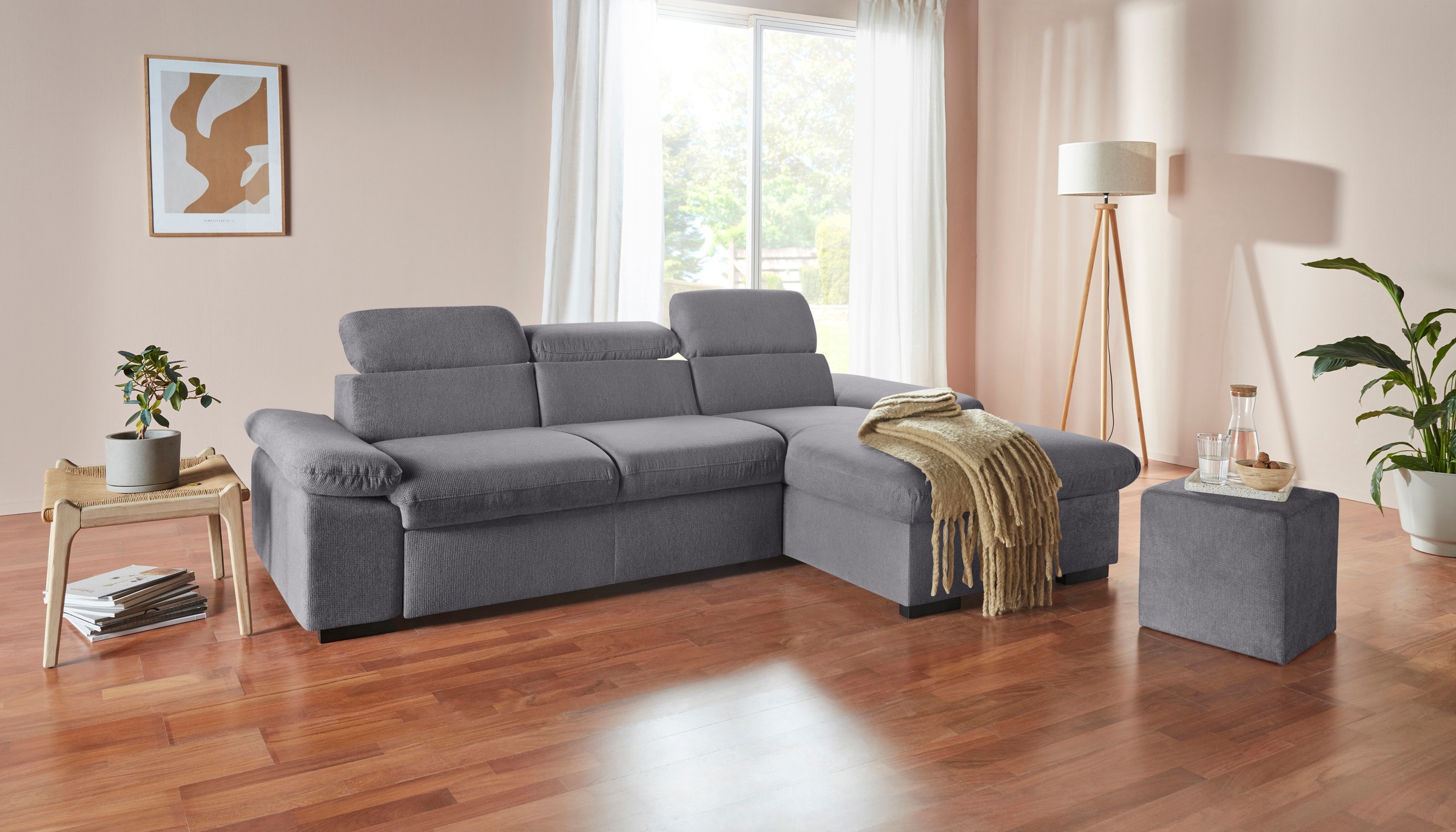 COTTA Ecksofa »Lola L-Form mit Kopfteilfunktion & Hocker«, (Set, mit Hocker), wahlweise mit Bettfunktion, Bettkasten & Armteilverstellung