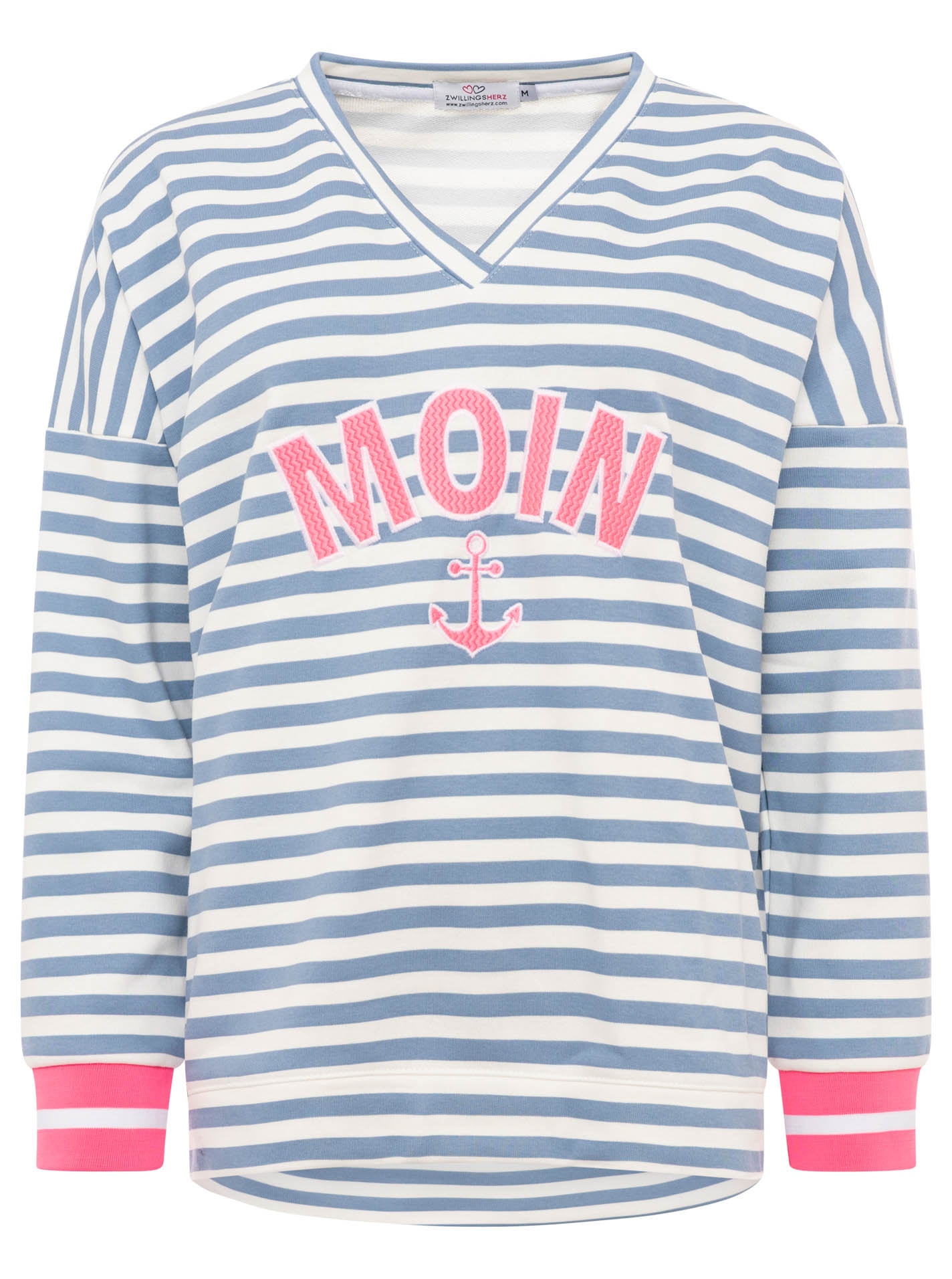 Zwillingsherz Hoodie »"Streifen Moin"«, V-Neck, gestreift, Stickerei mit Anker, gestreifte Bündchen
