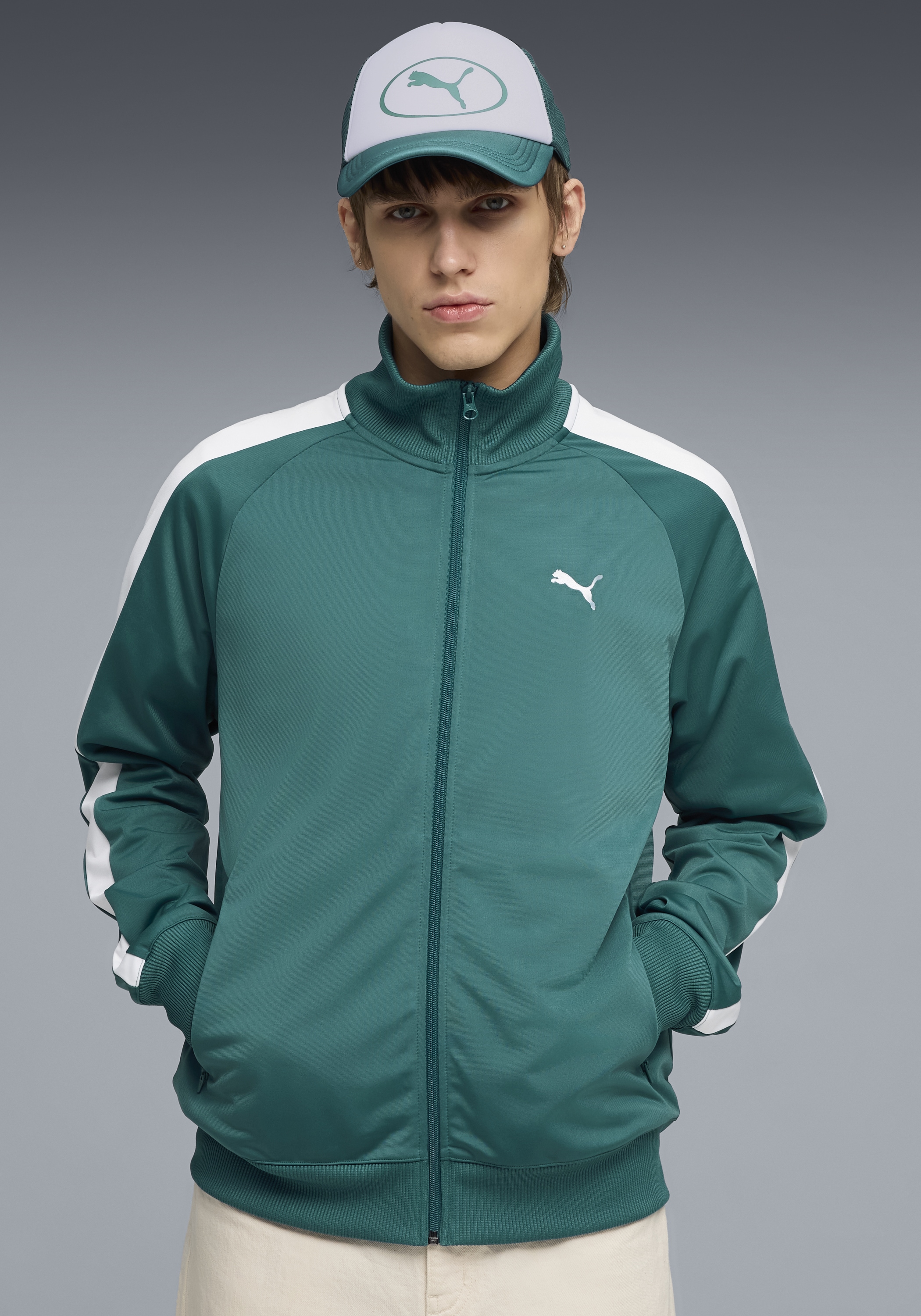 PUMA Trainingsjacke »T7 FOUNDATION POLY TRACK JACKET« ohne Kapuze mit Stehkragen, mit Reißverschlusstaschen, Regular Fit