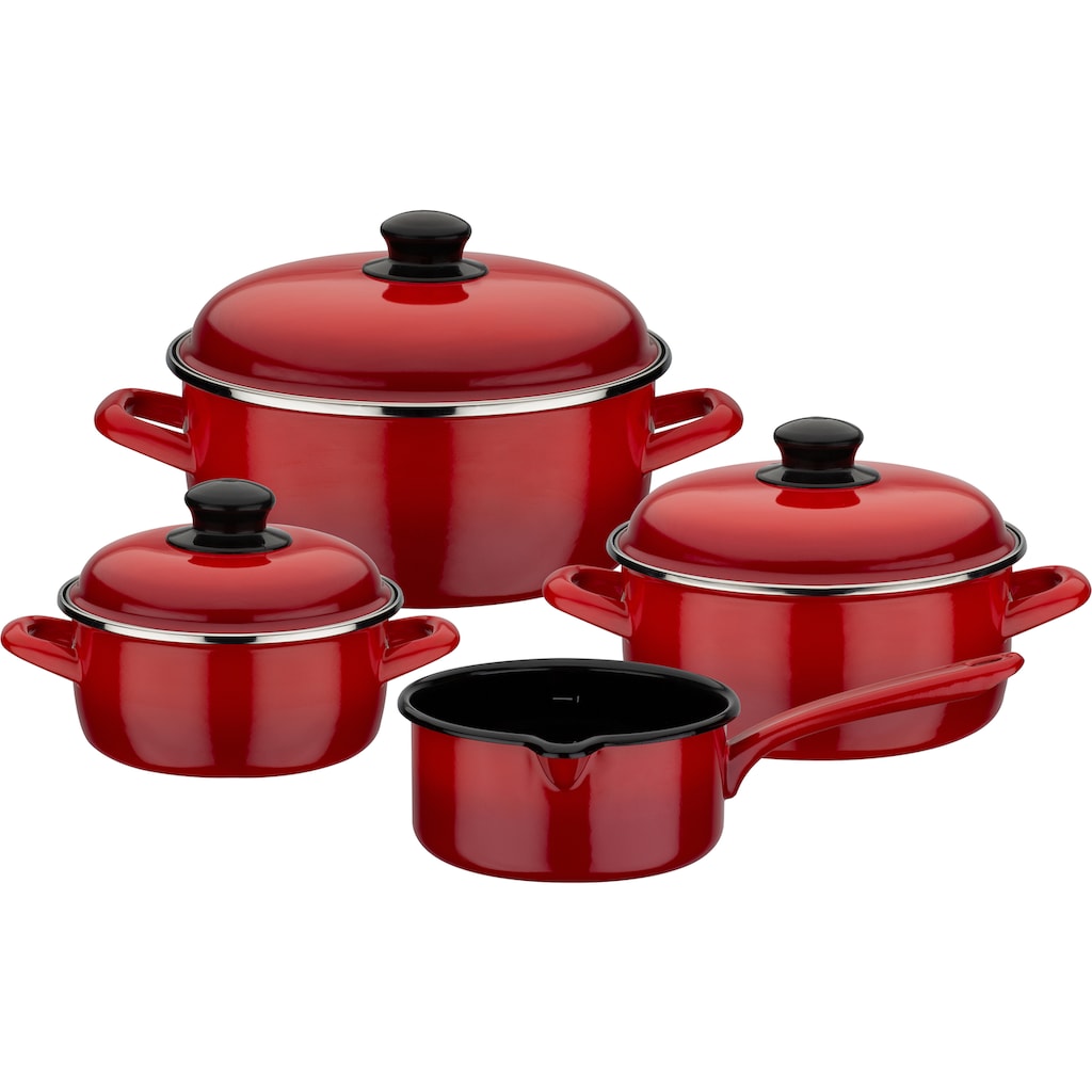 GSW Topf-Set »Red Shadow«, Emaille, (Set, 7 tlg., je 1 Kochtopf 16/20/24 cm, 1x Stielkasserolle 16 cm)