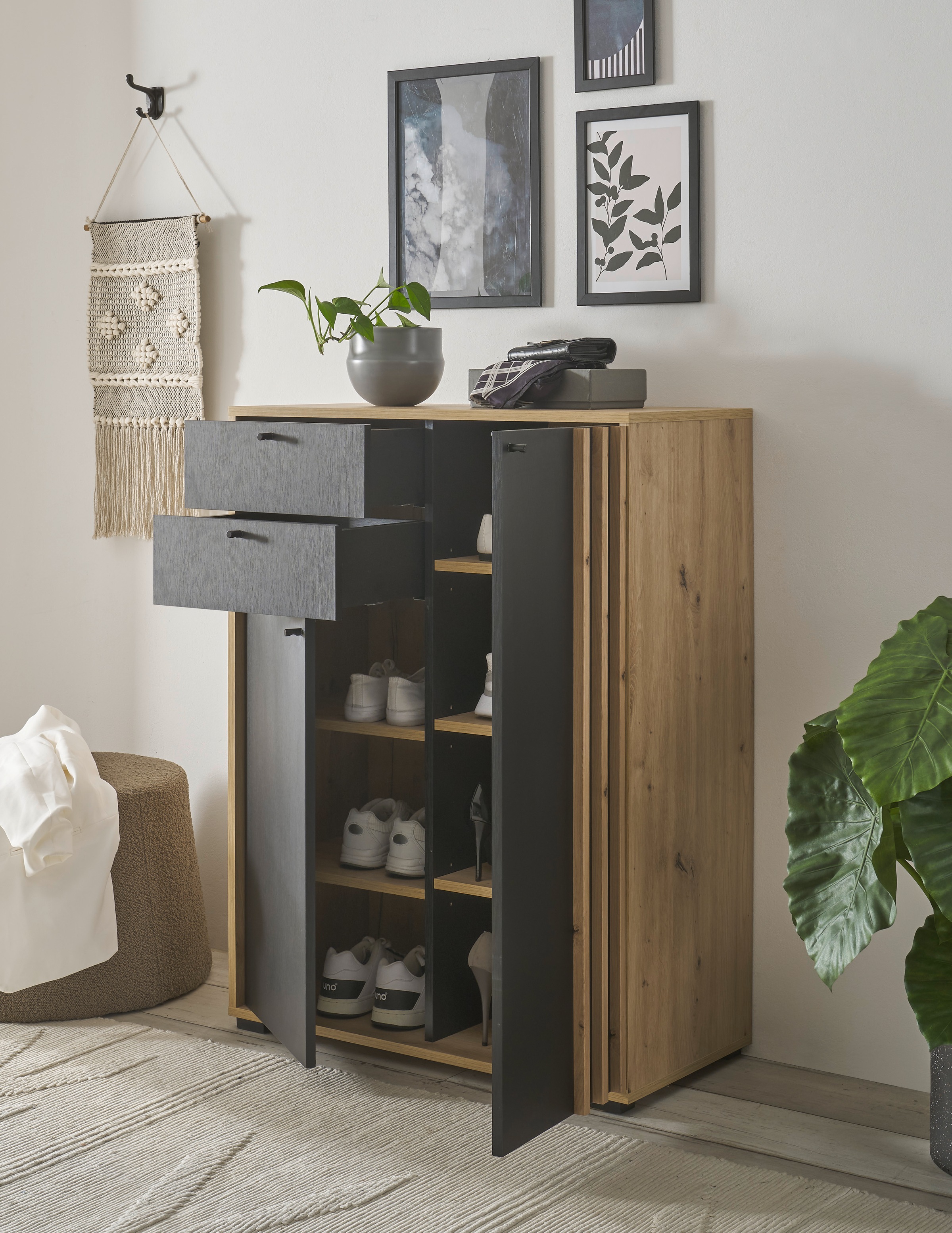 HBZ Garderoben-Set »5-tlg. Eiche MDF Stripes Flurgarderobe Stellmaß BxHxT 230x196x38 cm«, (5 St.), Mit Schuhkommode, Hochschrank, Bank, Paneel, Spiegel