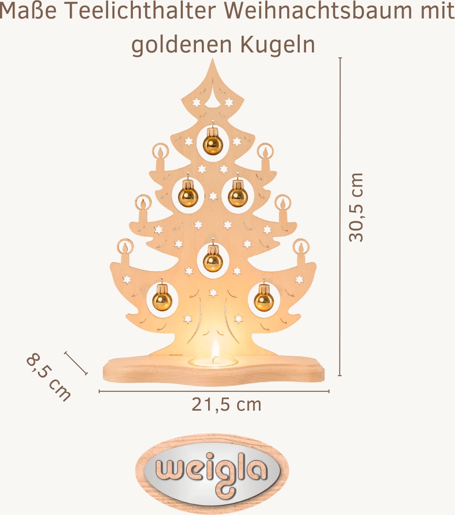 Weigla Teelichthalter »Weihnachtsbaum mit goldenen Kugeln, NATUR«, Erzgebirge garantiert, Weihnachtsdeko Innen, Weihnachtsbeleuchtung