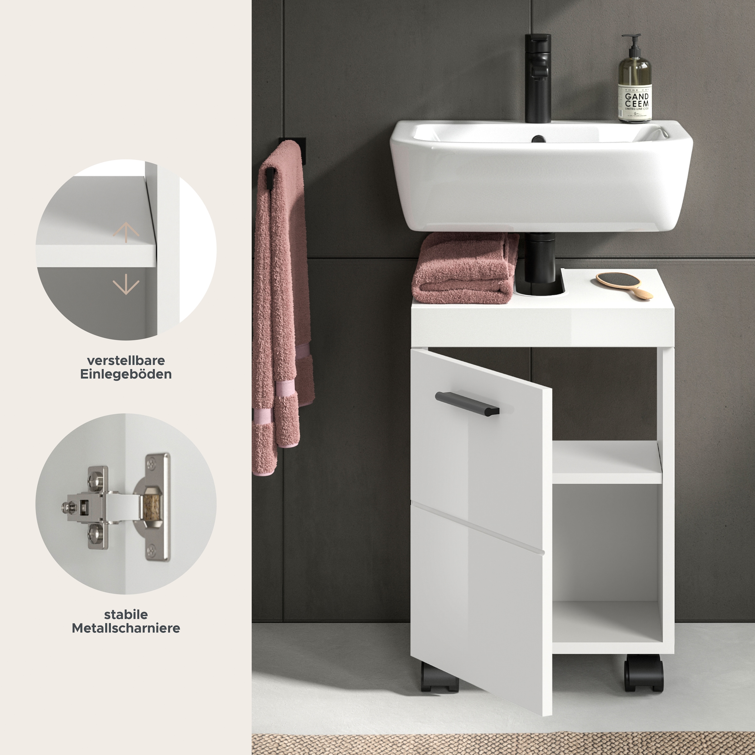 welltime Waschbeckenunterschrank »AVON, Breite 40 cm, 1 Tür, 1 Einlegboden, 2 Fächer« mit Siphonausschnitt 22x8 cm, Rückwand mit Ausschitt,  Badmöbel, Badschrank, Unterschrank, Waschtisch, Kommode, Bad