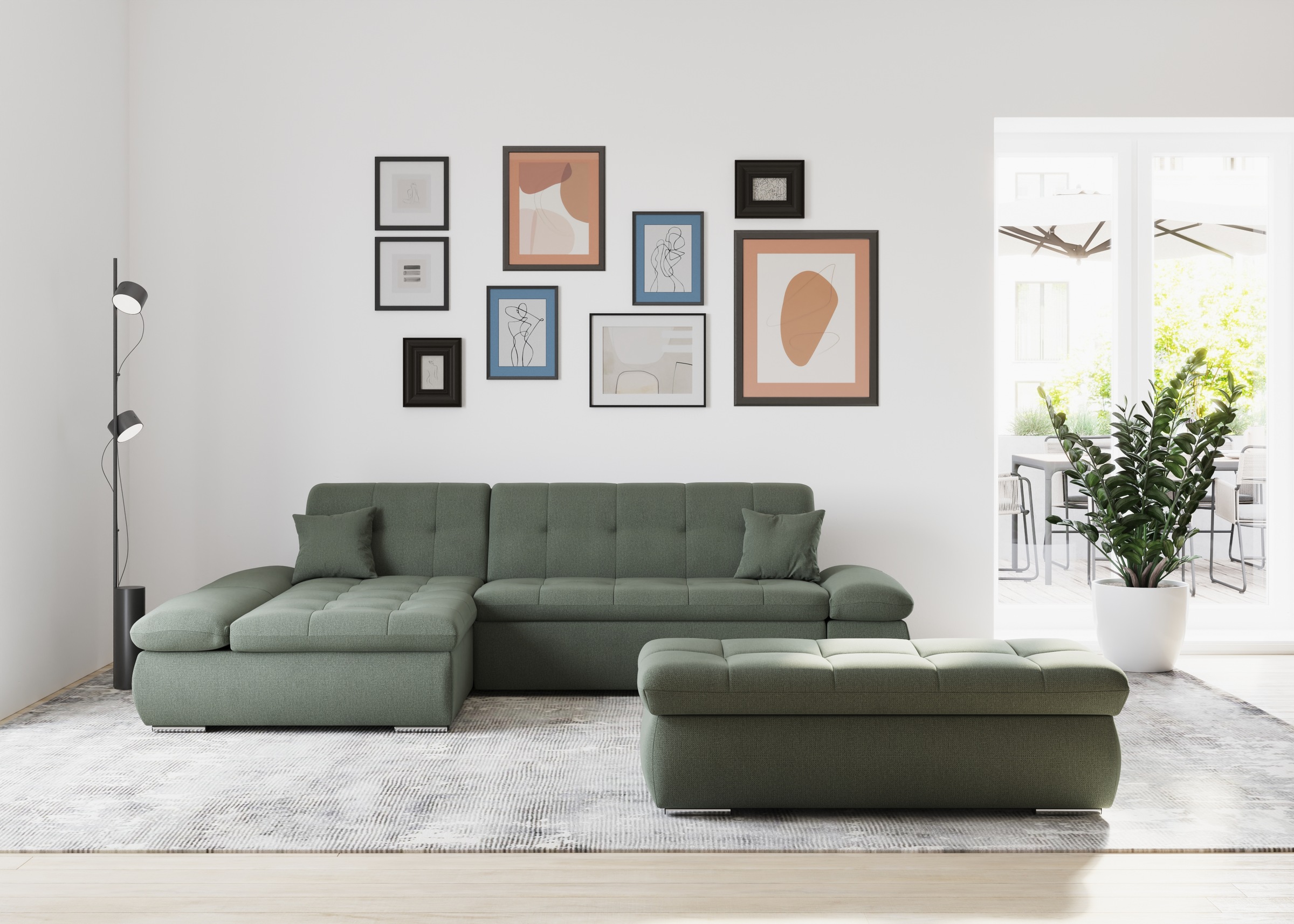 DOMO collection Ecksofa »Moric, L-Form, XXL-Sofa - Breite 300cm«, wahlweise mit Bettfunktion und Armteilverstellung, dunkelgrün