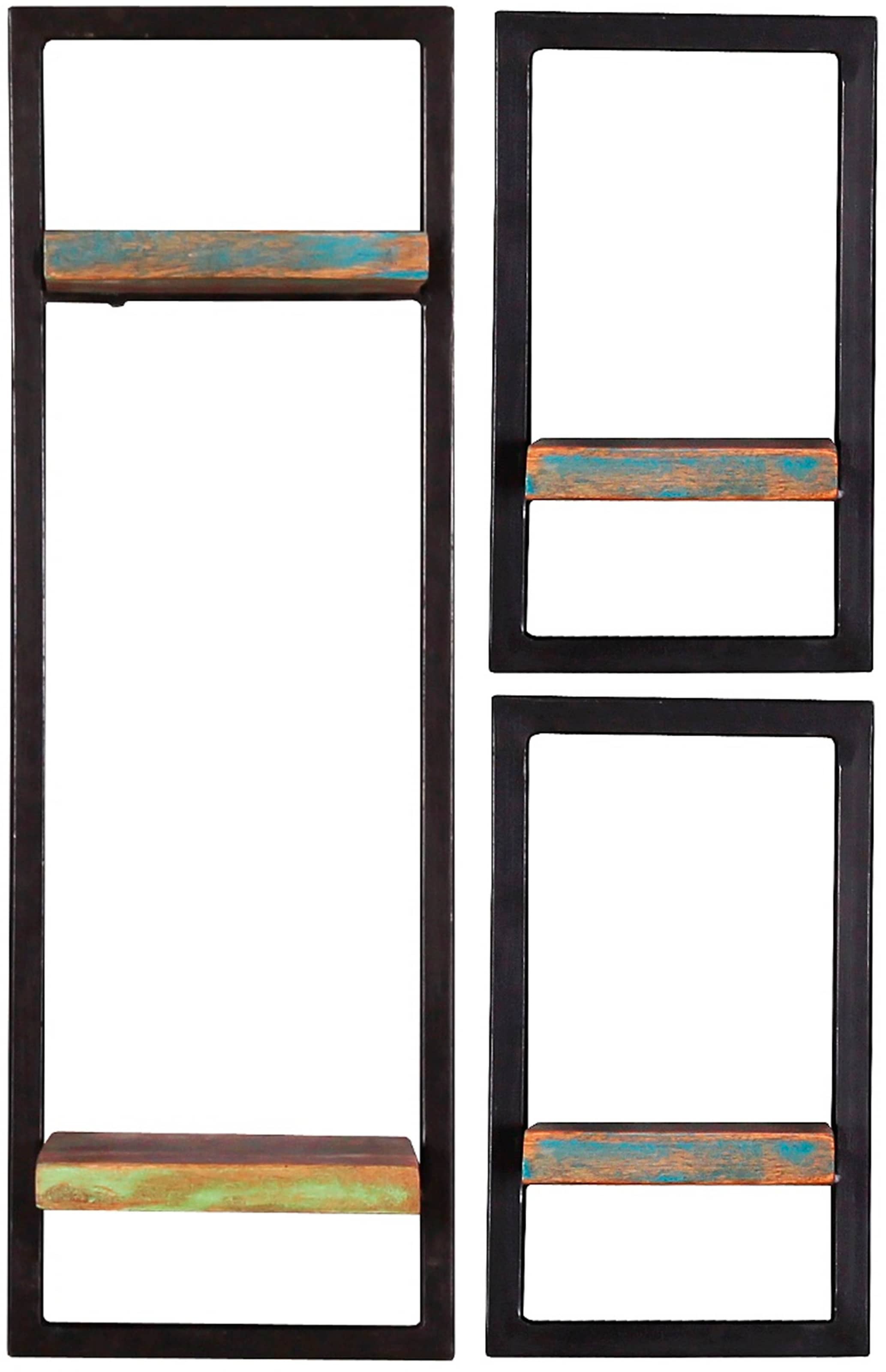 SIT, Wandregal »Menton 3-teilig aus Altholz mit schwarzem Metallrahmen« Set, 2 niedrige & 1 hohes Wandregal für kreative Wandgestaltung, schwarz/bunt,