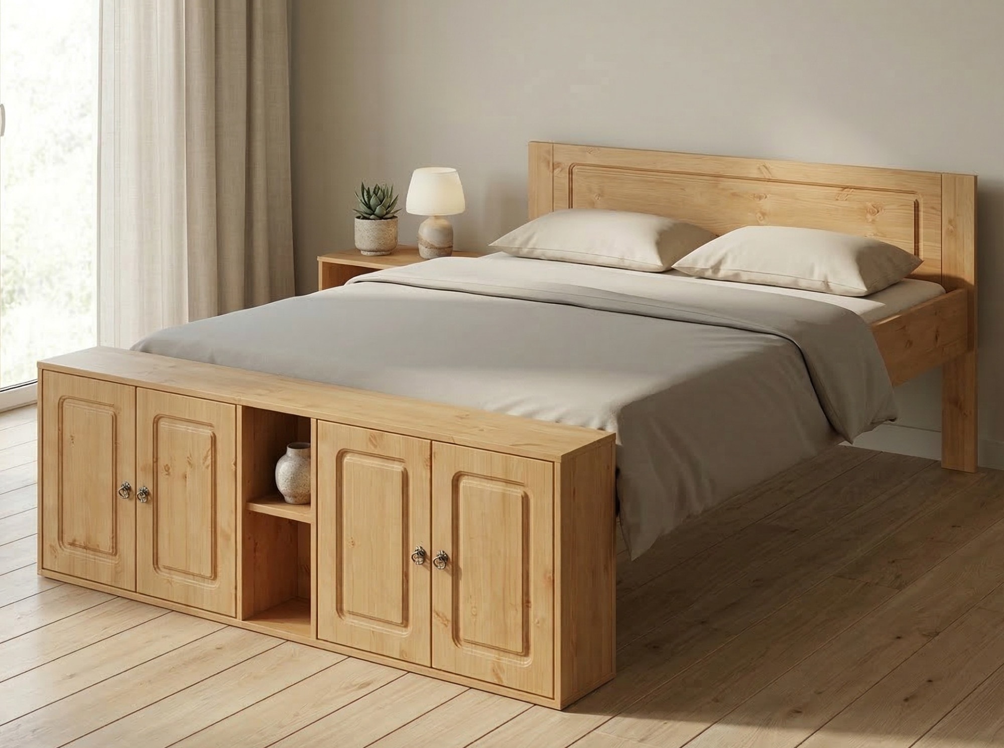 OTTO home Massivholzbett »Paula, mit Türen und Ablage, Schublade optional, Landhausstil« (B/T/H: 148,8/224,4/82 cm,  Massive Kiefer, extra viel Stauraum im Fußteil, FSC®-zertifiziert