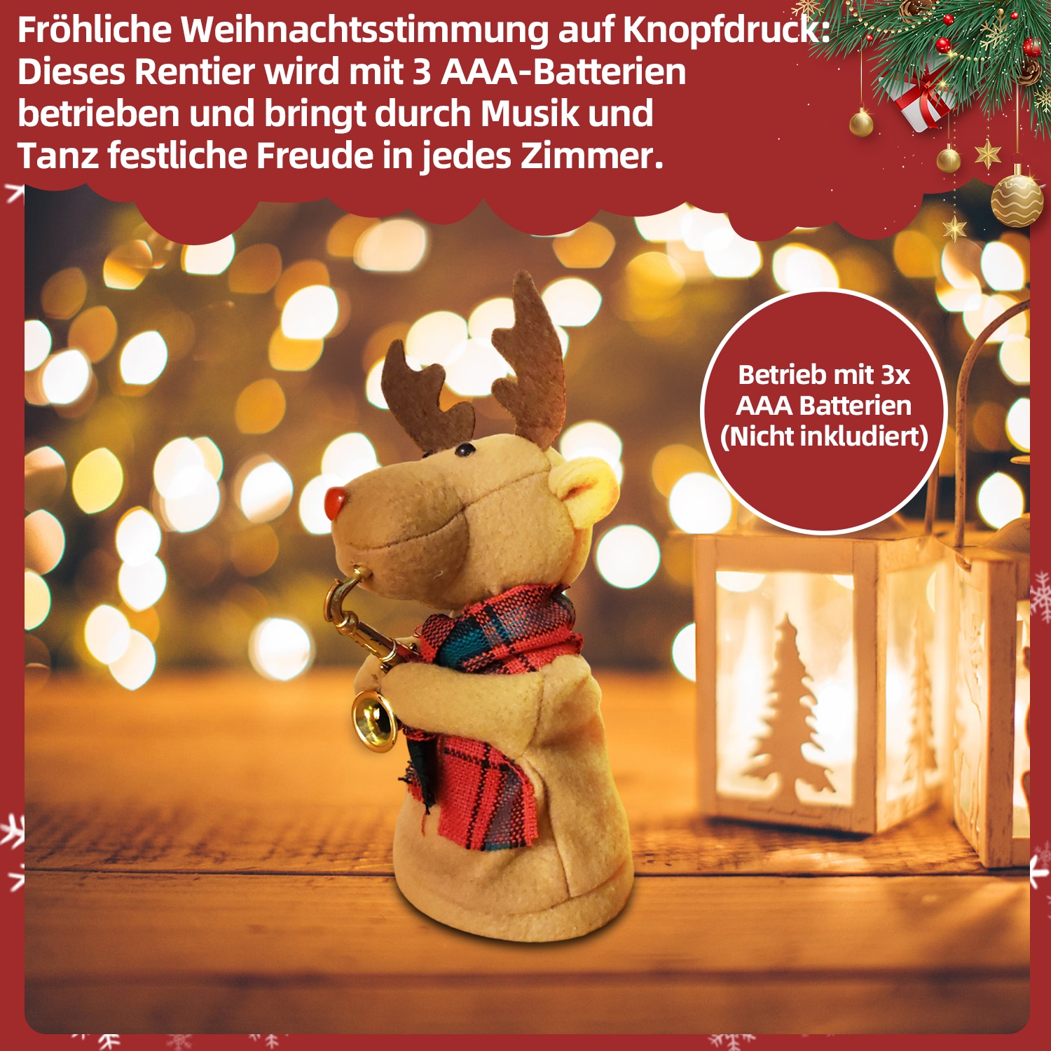 SHX Weihnachtsfigur »Tanzendes Rentier mit Trompete«, Bewegung, traditionelles Weihnachtslied