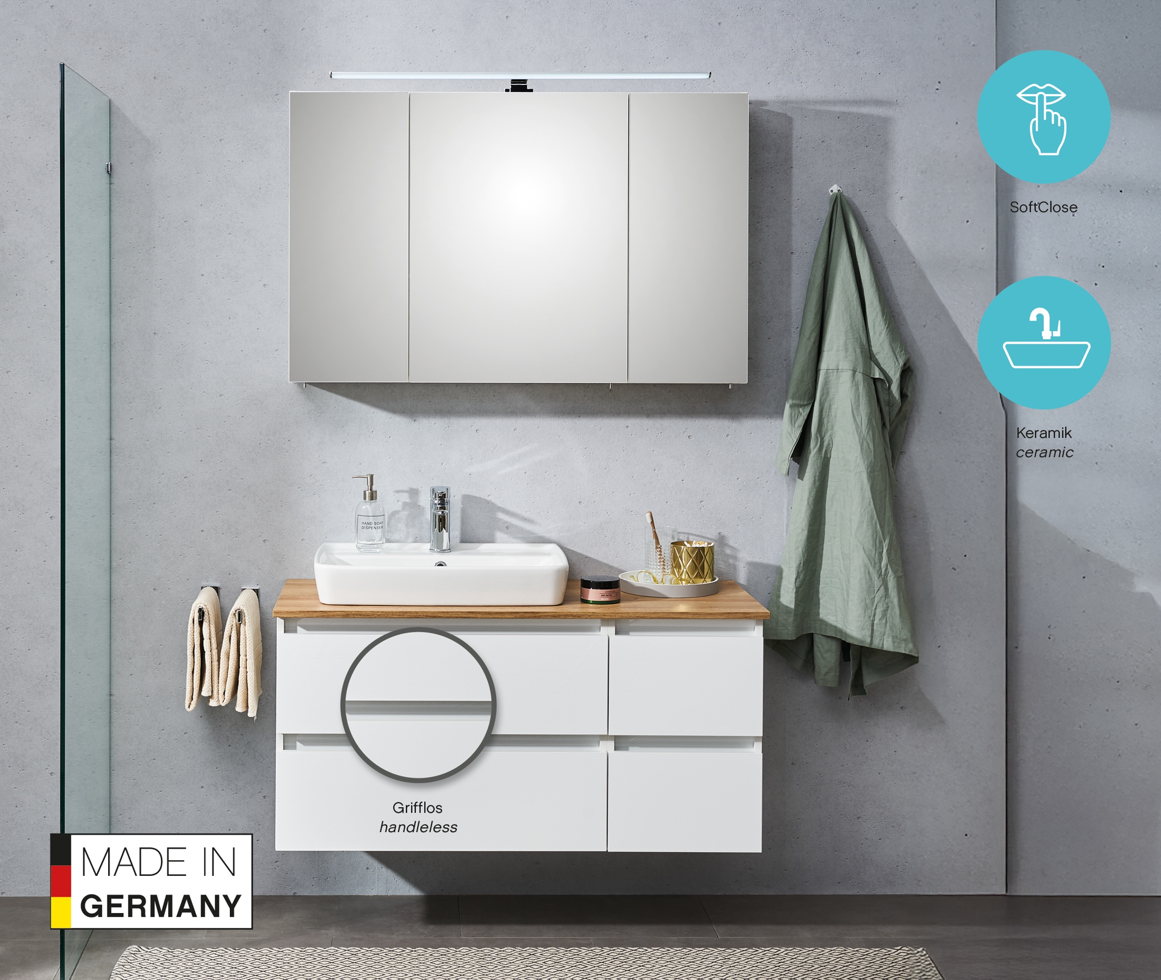 Saphir Waschtisch »Quickset 360 Waschplatz mit Keramik-Aufsatzbecken, wandhängend« Waschtischplatte, 113 cm breit, Weiß Glanz, 4 Schubladen