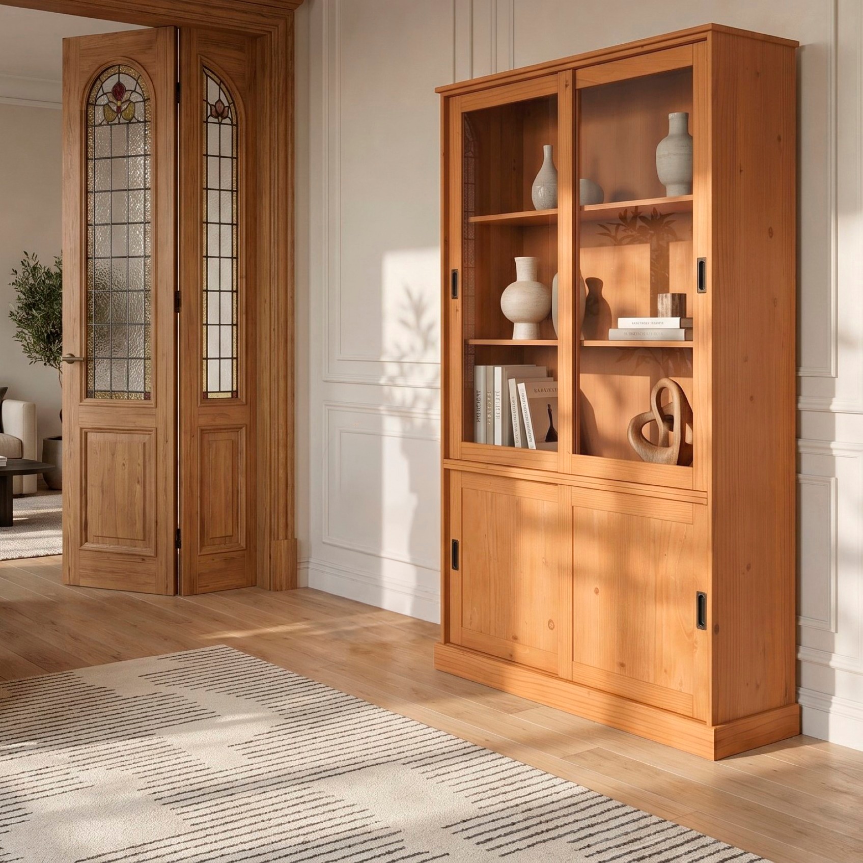 OTTO home Vitrine »Schröder« mit 2+2 Schiebetüren, aus massivem Kiefernholz, Breite 114 cm