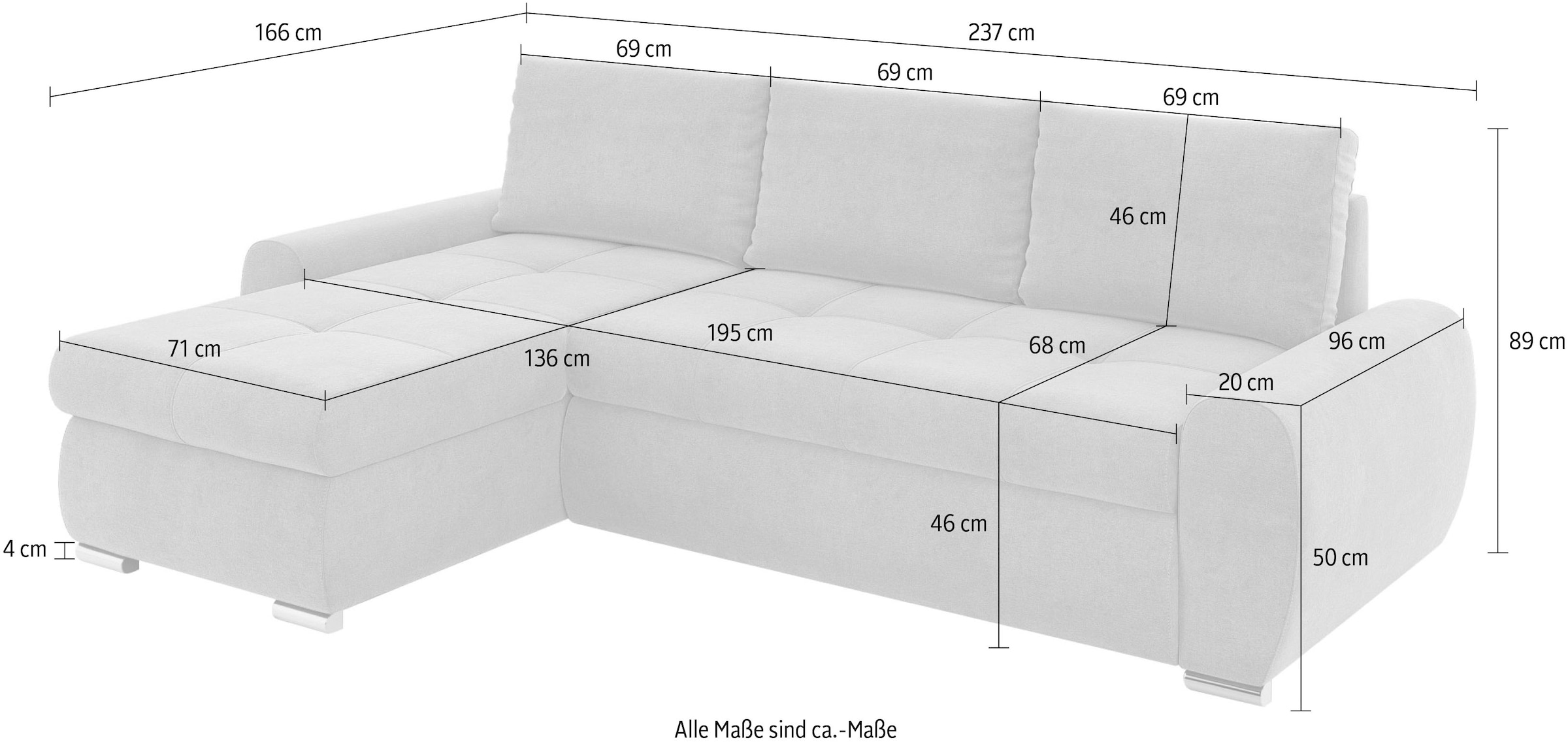 INOSIGN Ecksofa »HAVERHILL Schlafsofa mit Bettkasten, Maße B/H/T: 237/89/166 cm«, L-Form mit Recamiere links oder rechts bestellbar, Wellenunterfederung