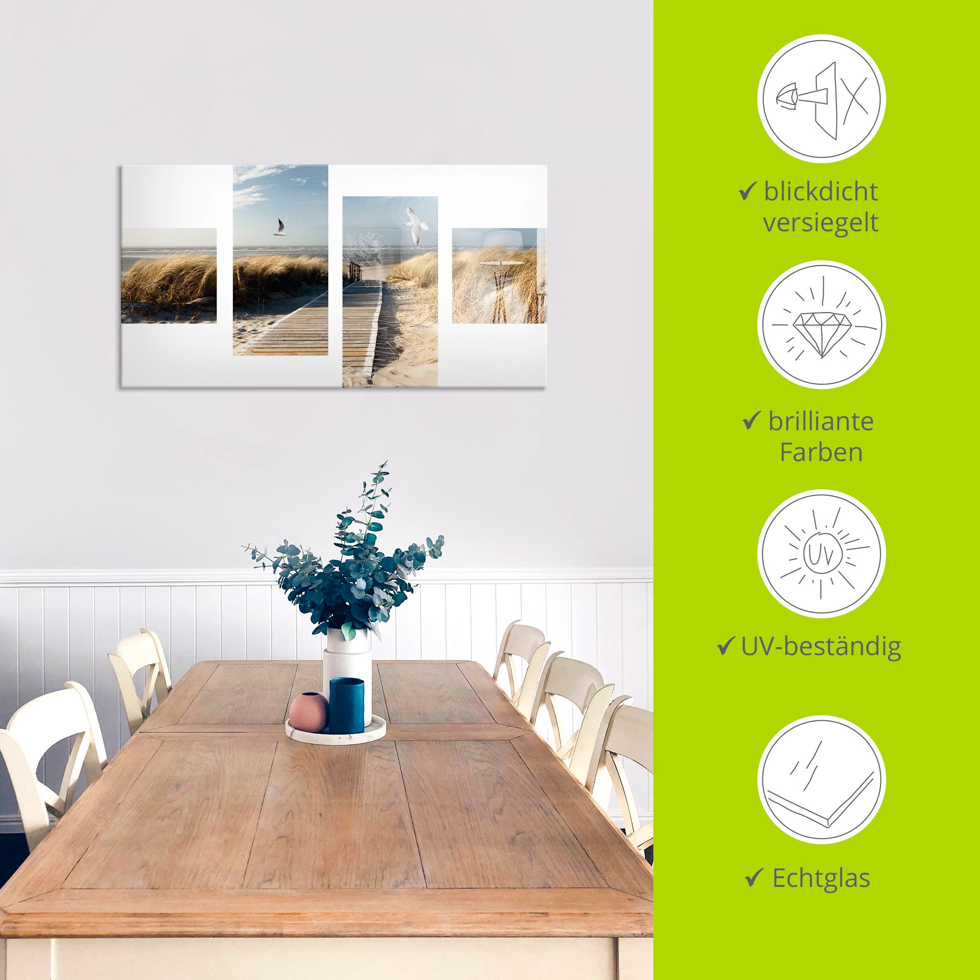 Artland Glasbild »Nordseestrand auf Langeoog mit Möwen« Strand 1 Stk. tlg. in verschiedenen Größen