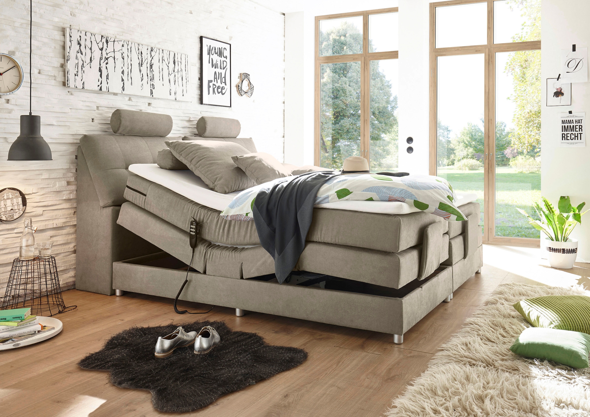 ED EXCITING DESIGN Boxspringbett »Palermo«, inkl. Motor, Topper, Kopfstütze und Stauraum im Kopfteil