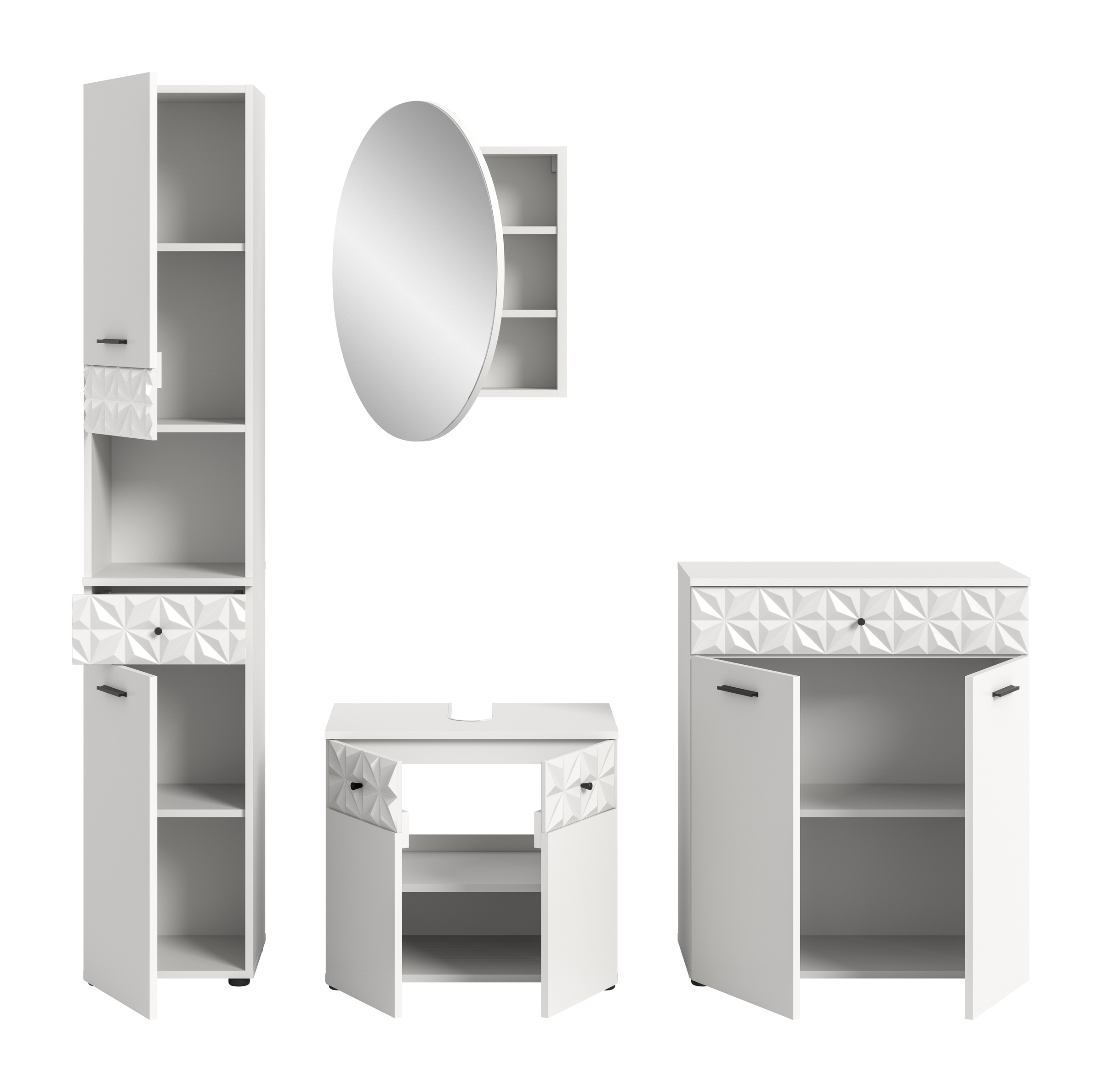 INOSIGN Badezimmer-Set »VICENZA, TOPSELLER!, Breite 195cm, 4-teilig, mit Ornamentabsetzung«, (Hochschrank, Waschbeckenunterschrank, Spiegelschrank & Unterschrank), Hochschrank, Waschbeckenunterschrank, Spiegelschrank und Unterschrank