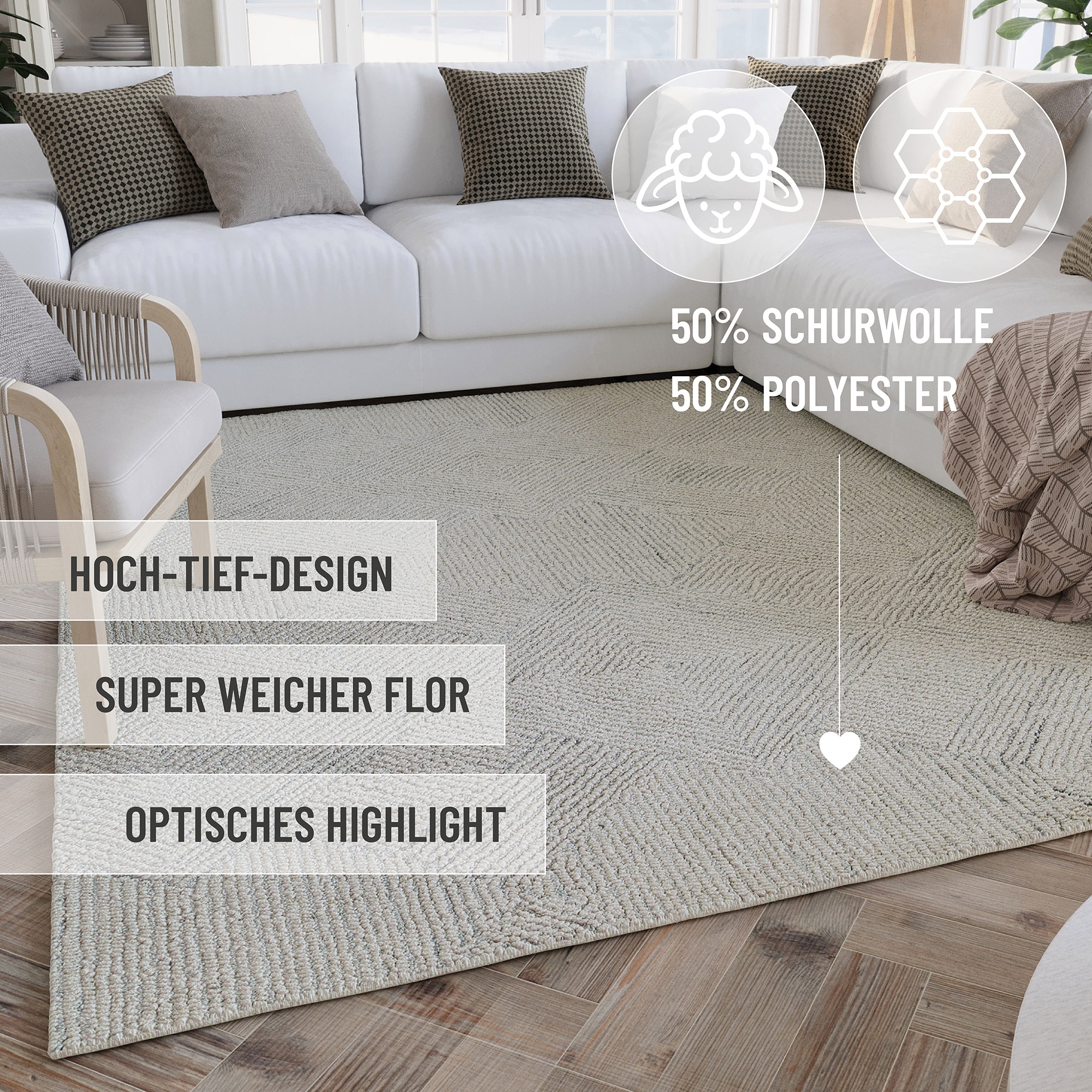 Wecon home Teppich »Hamptons THIRTYTHREE«, rund, 15 mm Höhe, Fasermix, Kurzflor, Wohnzimmer, elegant, robust, geometrisches Design
